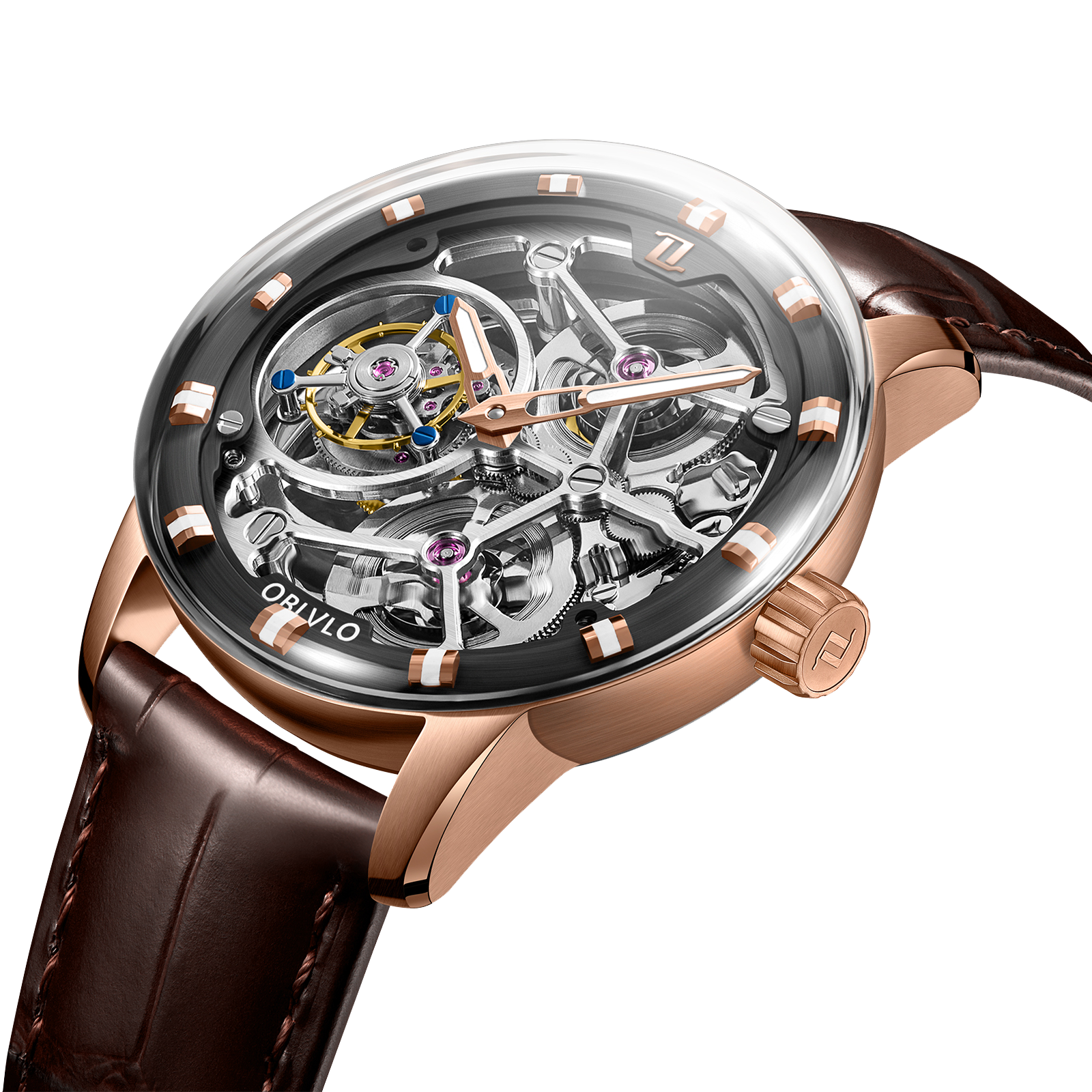 OBLVLO IM SK TB Men's Luxury Rose Gold Tourbillon Skeleton Mechanical Watches - Leather Strap Fashion Luxury Dress Watch