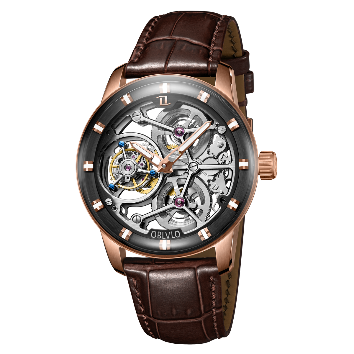 OBLVLO IM SK TB Men's Luxury Rose Gold Tourbillon Skeleton Mechanical Watches - Leather Strap Fashion Luxury Dress Watch