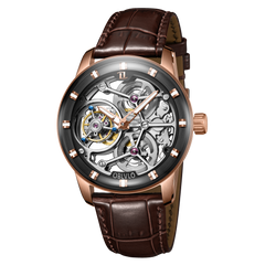 OBLVLO IM SK TB Men's Luxury Rose Gold Tourbillon Skeleton Mechanical Watches - Leather Strap Fashion Luxury Dress Watch