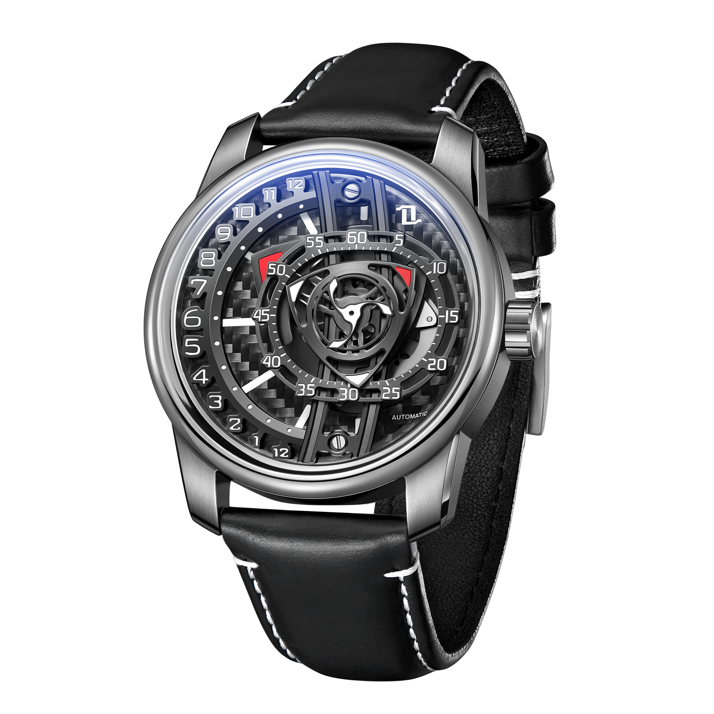 OBLVLO JM ROTOR 42mm Black Carbon Fiber Unique Skeleton Engine Style Dial Watch - Miyota 8215 Jump Hour Automatic Watch