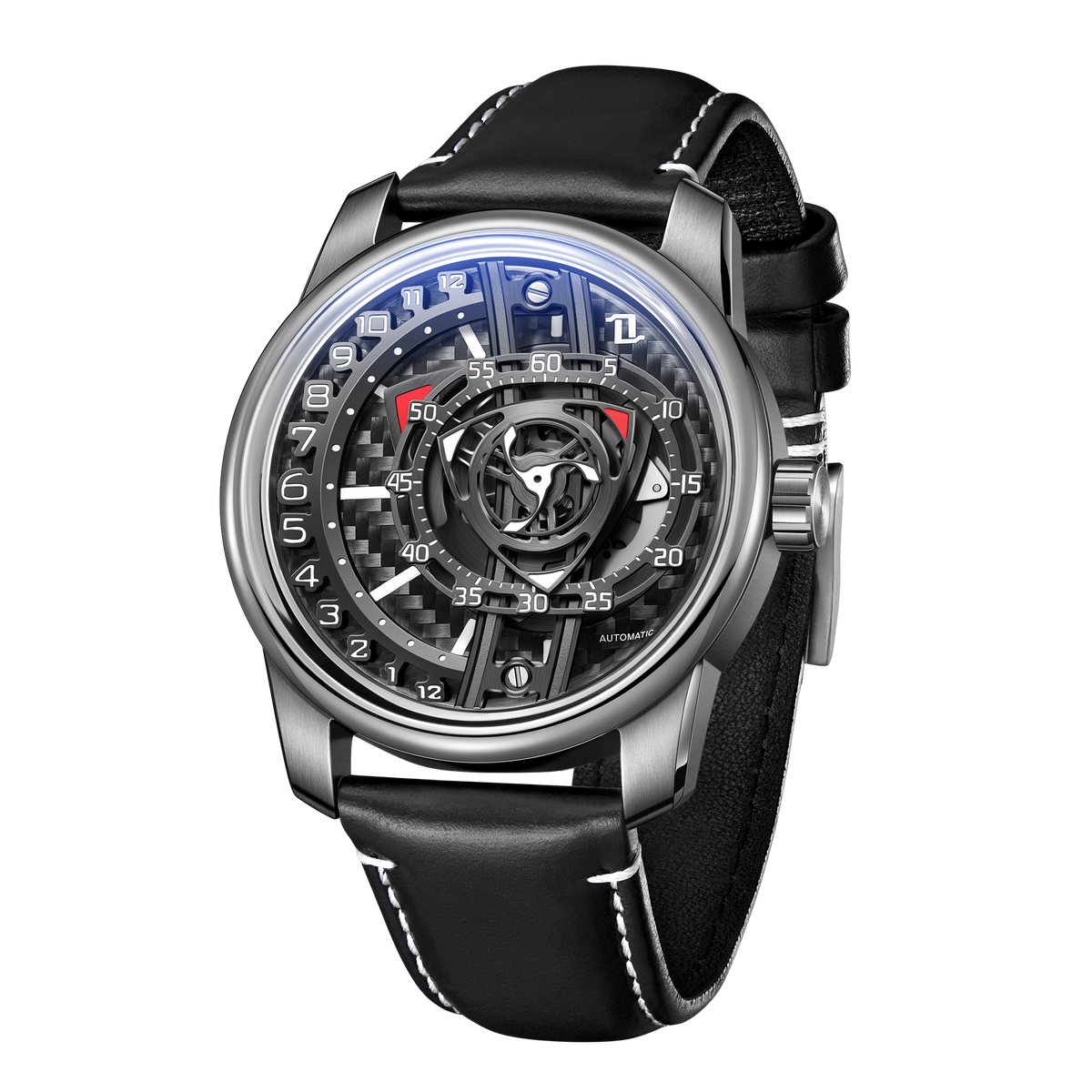 OBLVLO JM ROTOR 42mm Black Carbon Fiber Unique Skeleton Engine Style Dial Watch - Miyota 8215 Jump Hour Automatic Watch