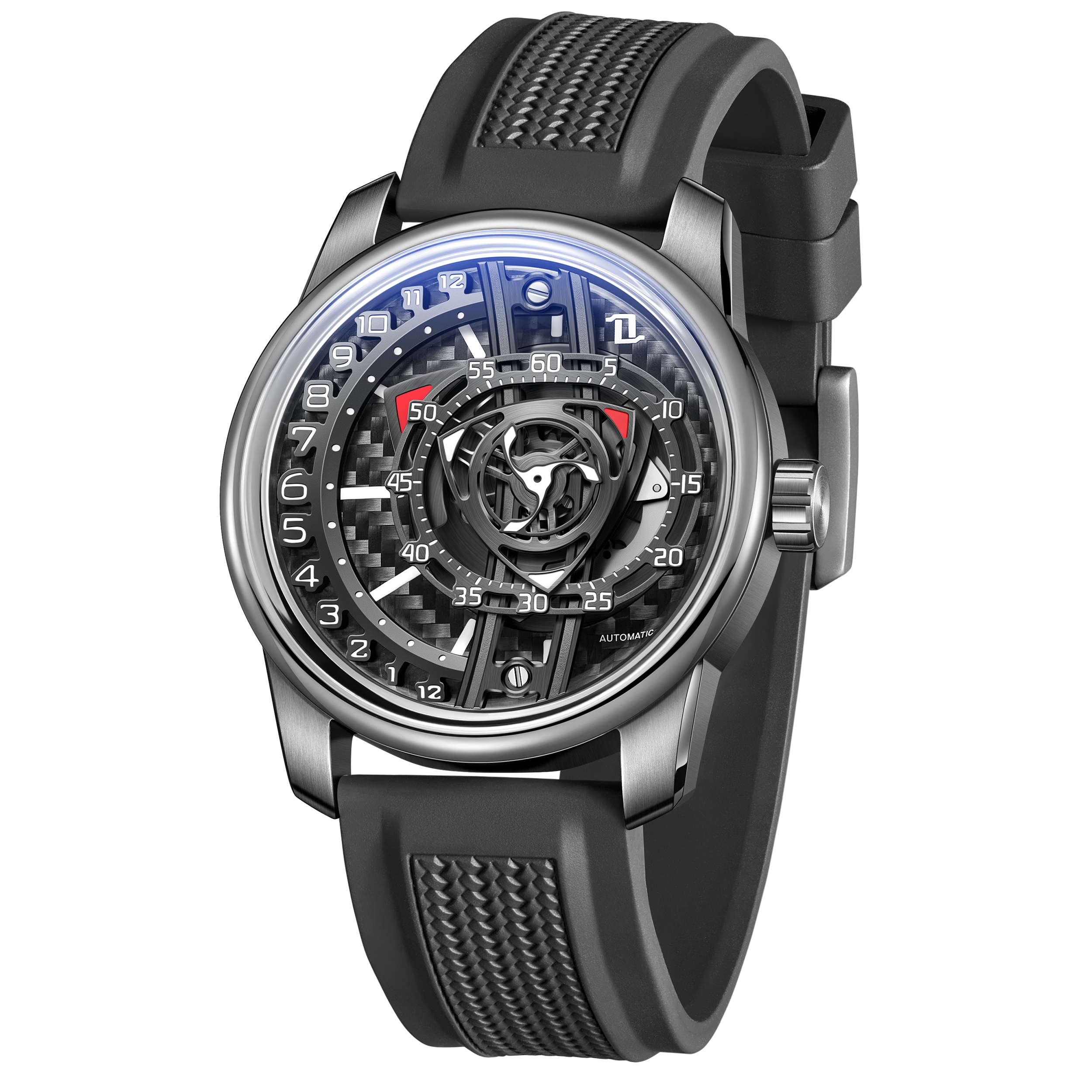 OBLVLO JM ROTOR 42mm Black Carbon Fiber Unique Skeleton Engine Style Dial Watch - Miyota 8215 Jump Hour Automatic Watch