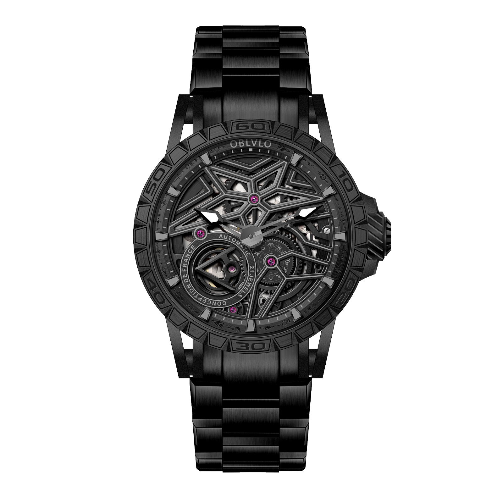 OBLVLO LMQ Cool Luxury Mens Automatic Skeleton Black PVD Case Watches - 42mm Men Mechanical Waterproof Watch