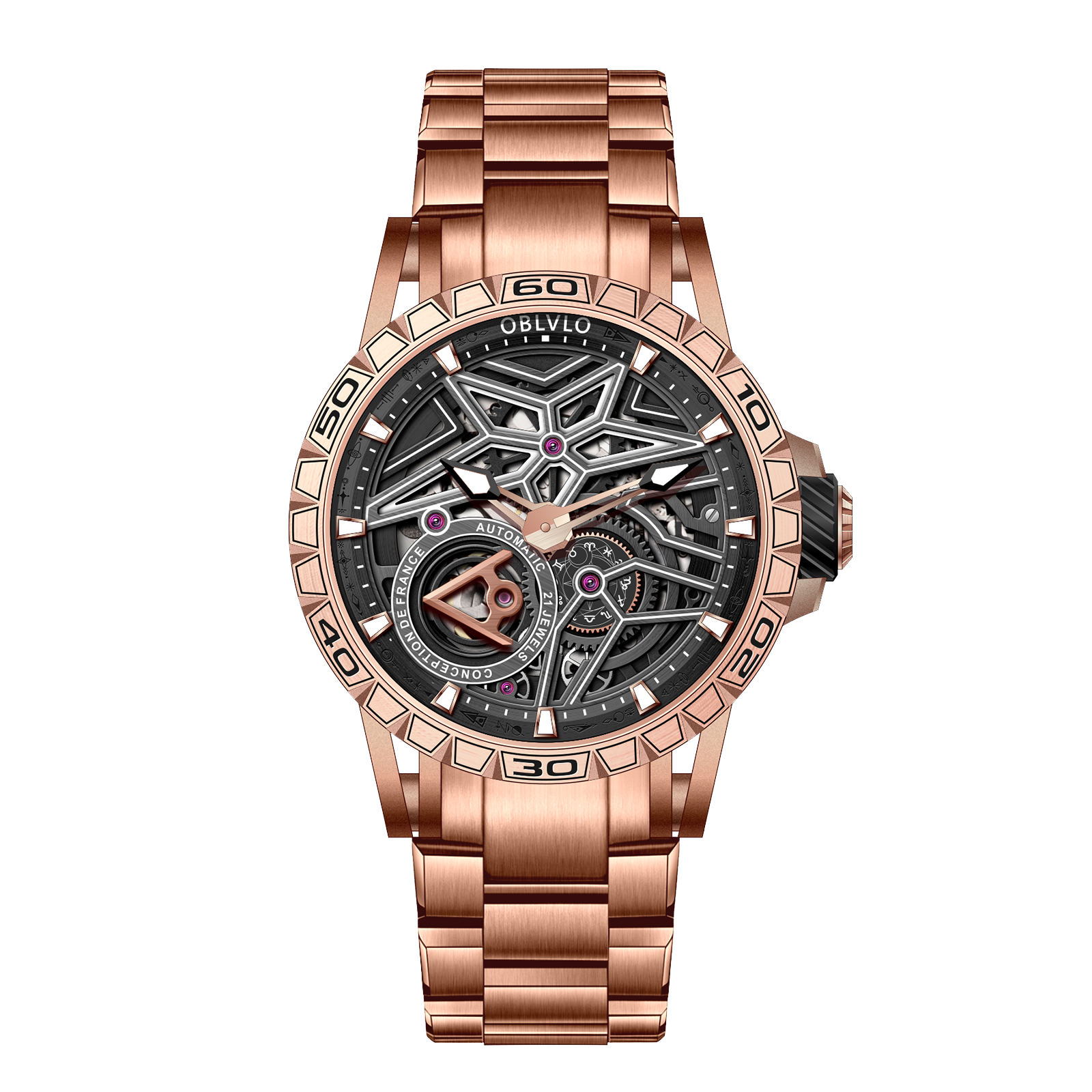 Best Affordable Rose Gold OBLVLO LMQ Luxury Mens Automatic Skeleton Watches - Sport Waterproof Mechanical Watches For Sale