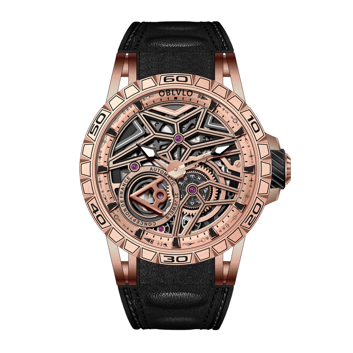 Best Affordable OBLVLO LMQ Luxury Automatic Rose Gold Skeleton Watch - Automatic Mechanical Waterproof Watches