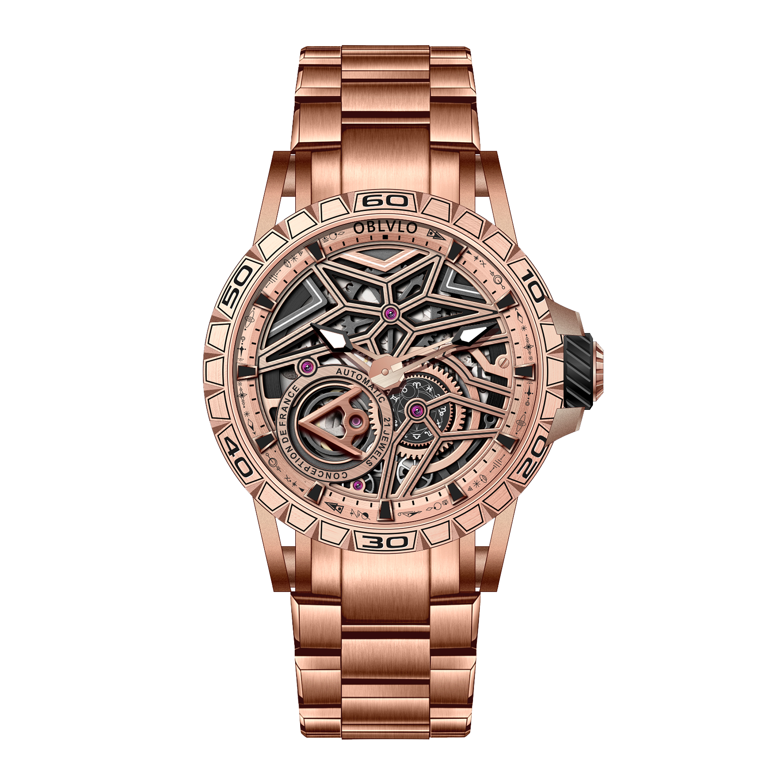 Best Affordable OBLVLO LMQ Luxury Automatic Rose Gold Skeleton Watch - Automatic Mechanical Waterproof Watches