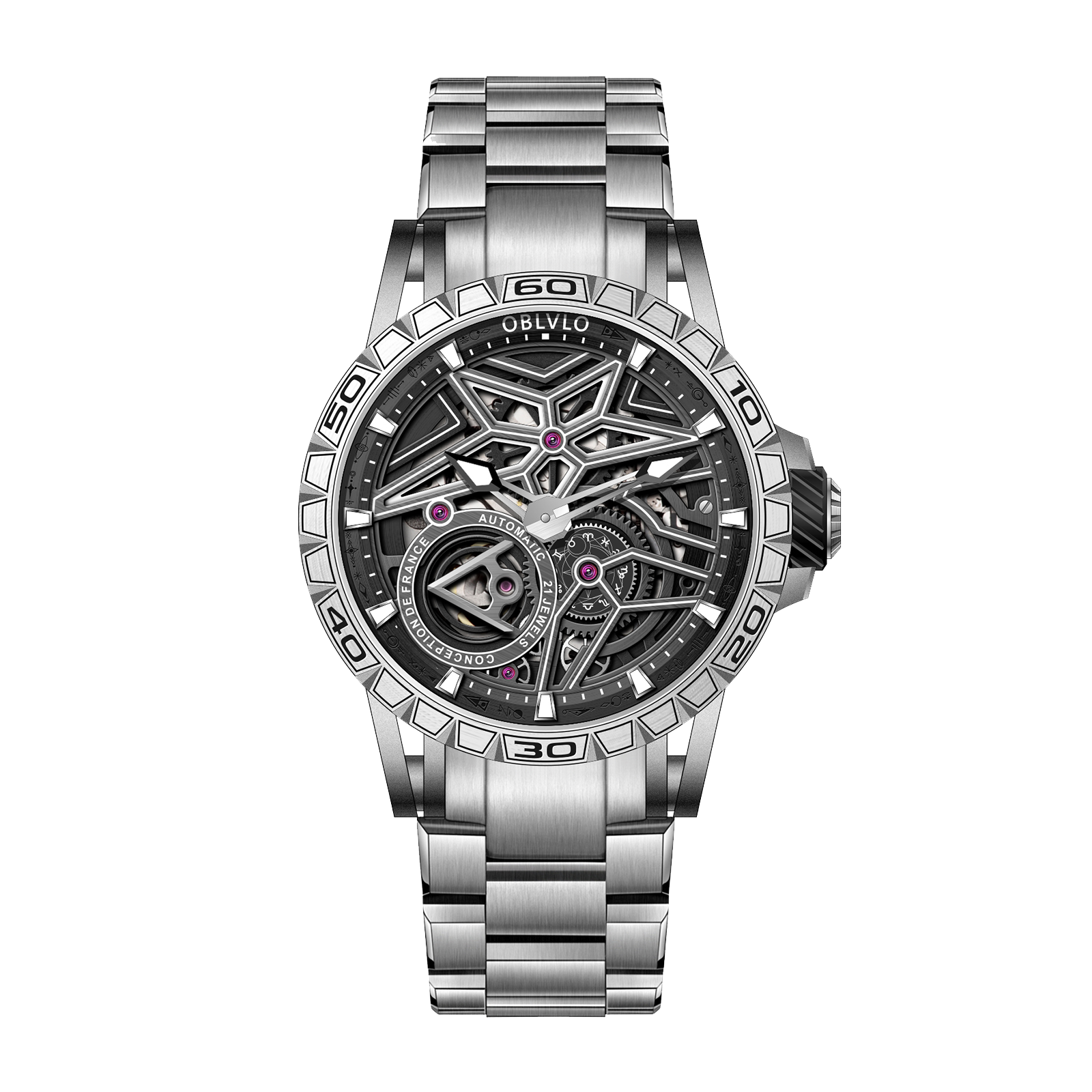 OBLVLO LMQ Cool Luxury Mechanical Automatic Skeleton Watch - 42mm Automatic Mechanical Waterproof Watches