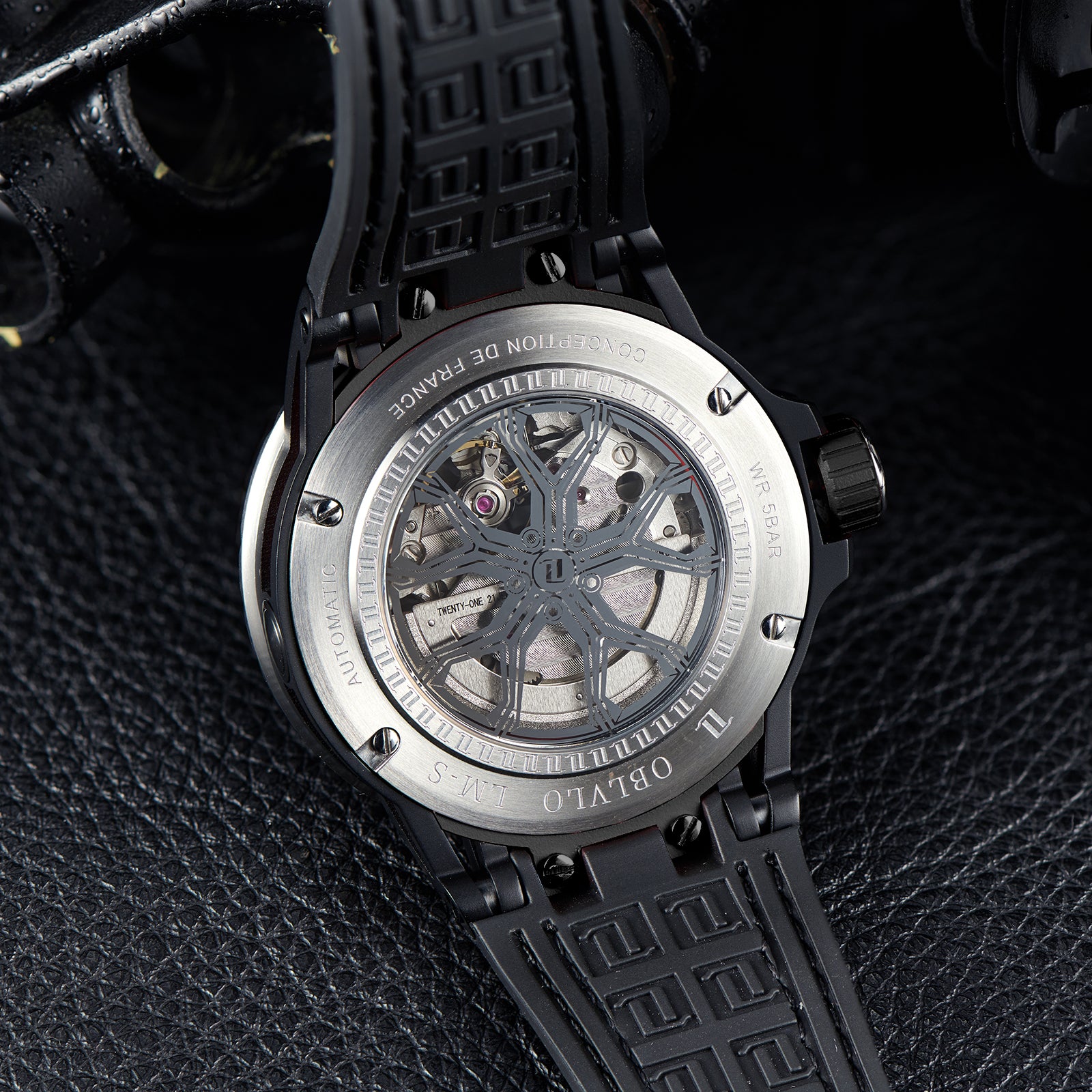 Affordable Cool OBLVLO LMS Luxury Automatic Black PVD Watches - Rubber/Leather Strap Watch for Men