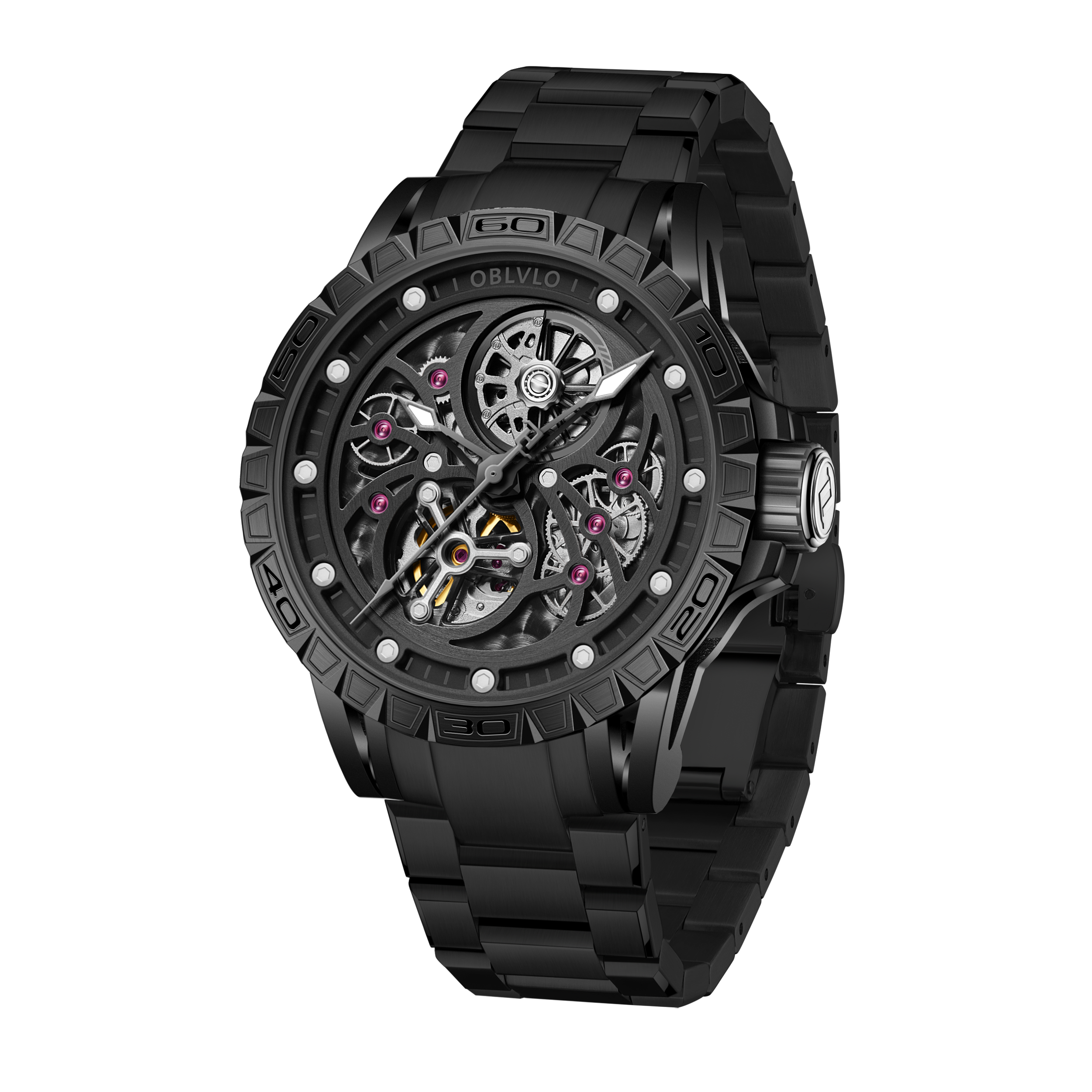 Affordable Cool OBLVLO LMS Luxury Automatic Black PVD Watches - Rubber/Leather Strap Watch for Men