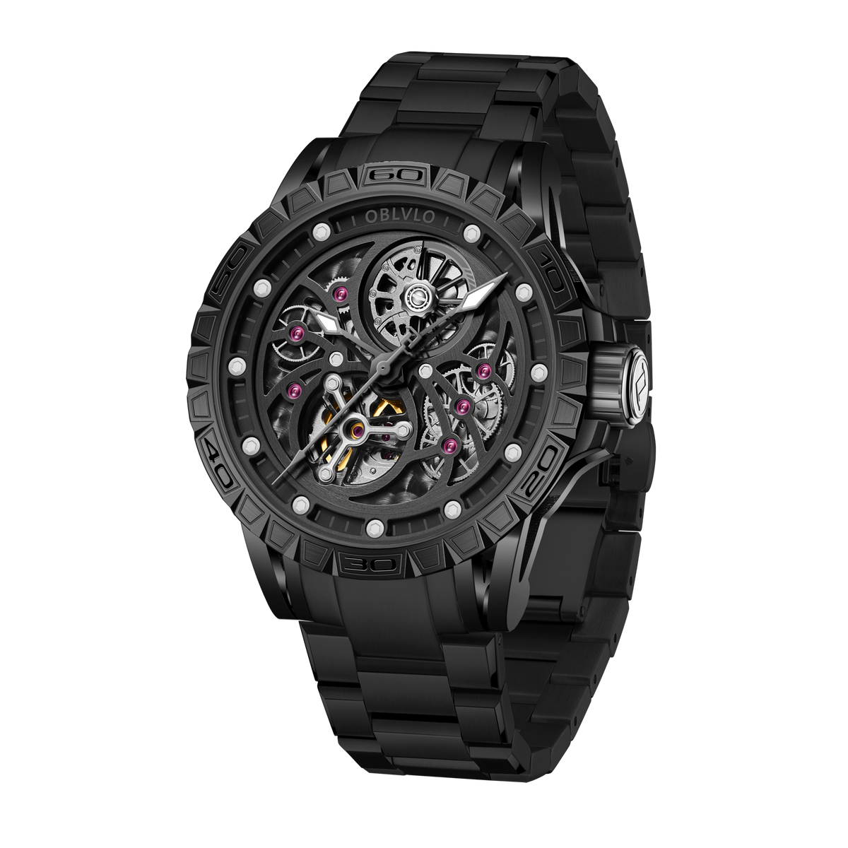 Affordable Cool OBLVLO LMS Luxury Automatic Black PVD Watches - Rubber/Leather Strap Watch for Men