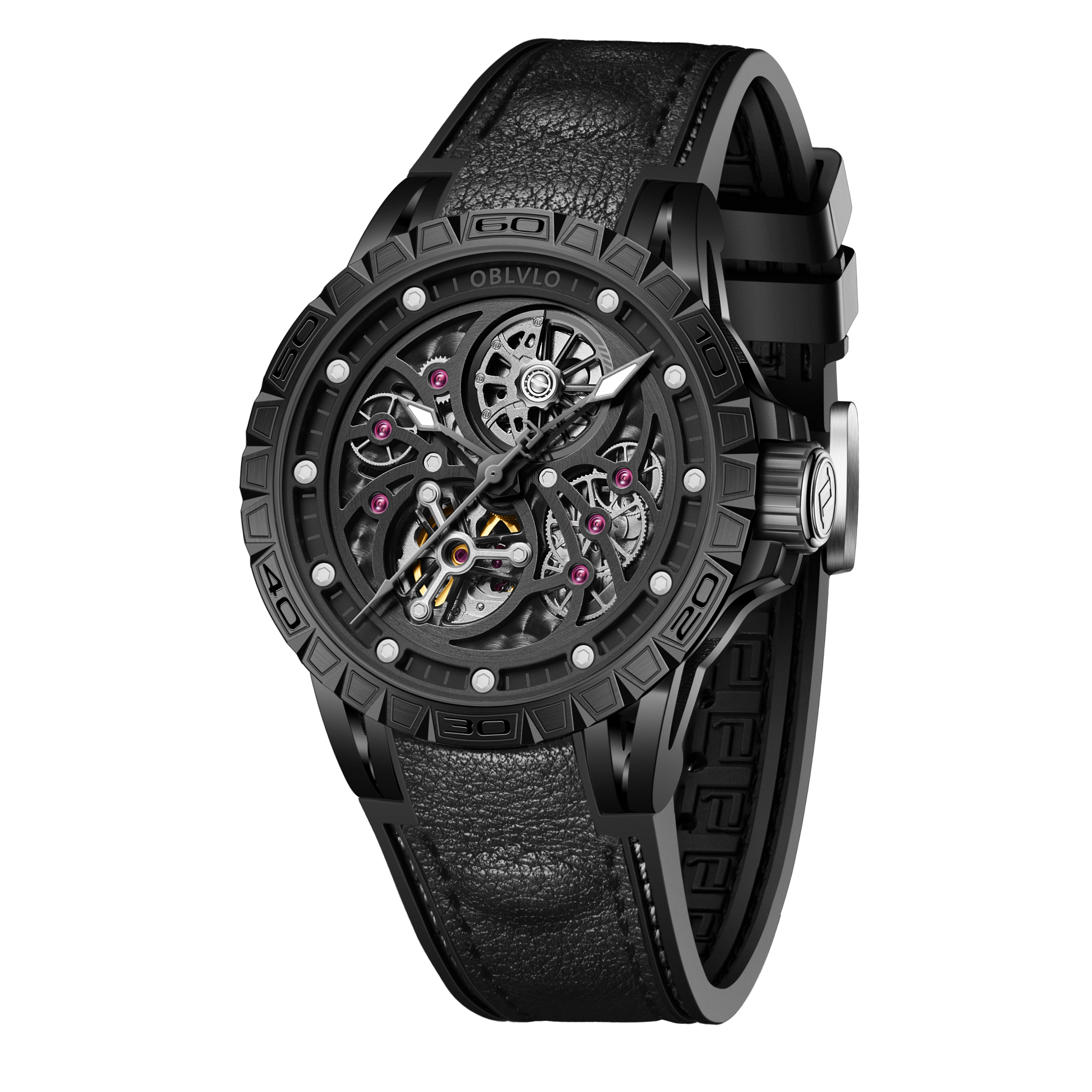 Affordable Cool OBLVLO LMS Luxury Automatic Black PVD Watches - Rubber/Leather Strap Watch for Men