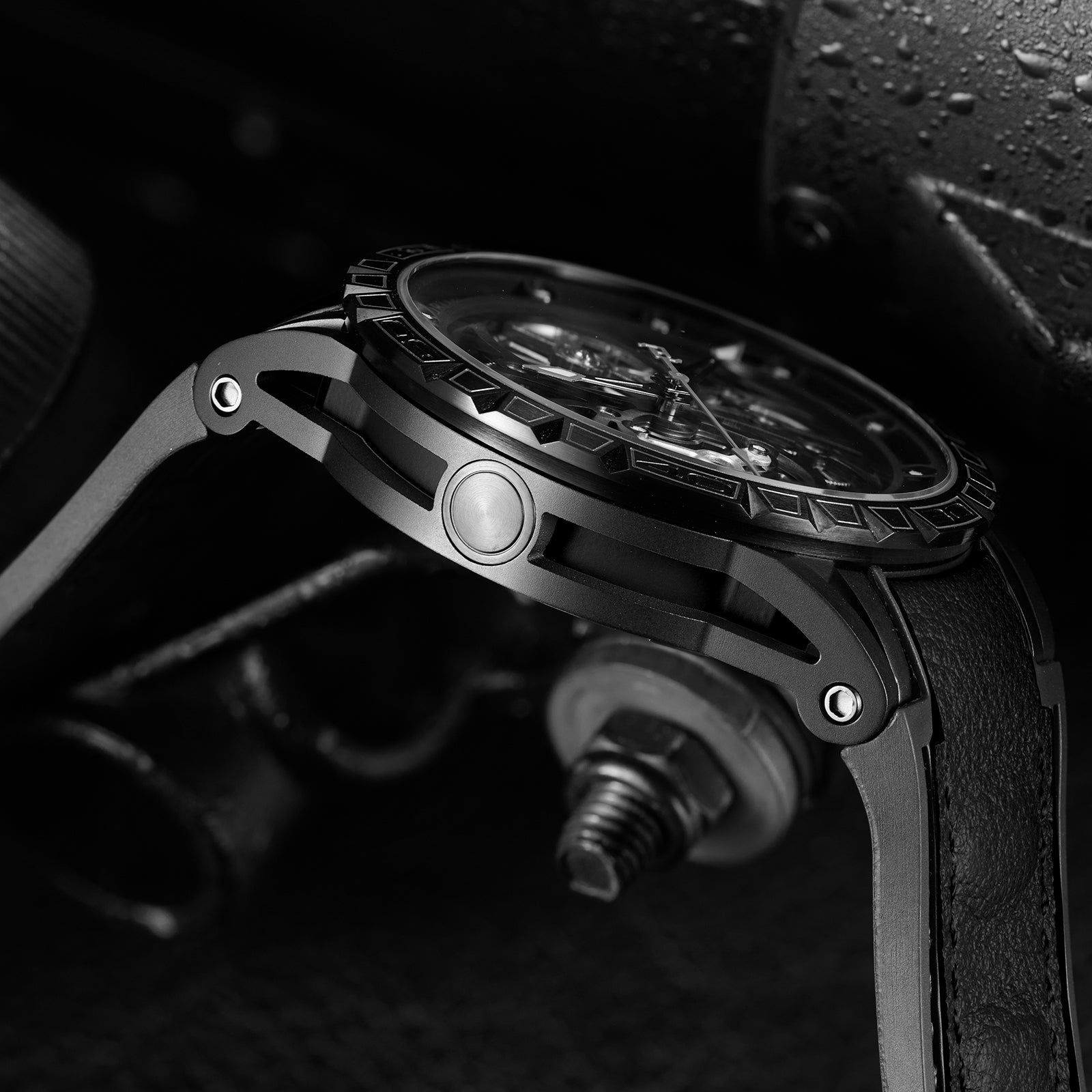 Affordable Cool OBLVLO LMS Luxury Automatic Black PVD Watches - Rubber/Leather Strap Watch for Men