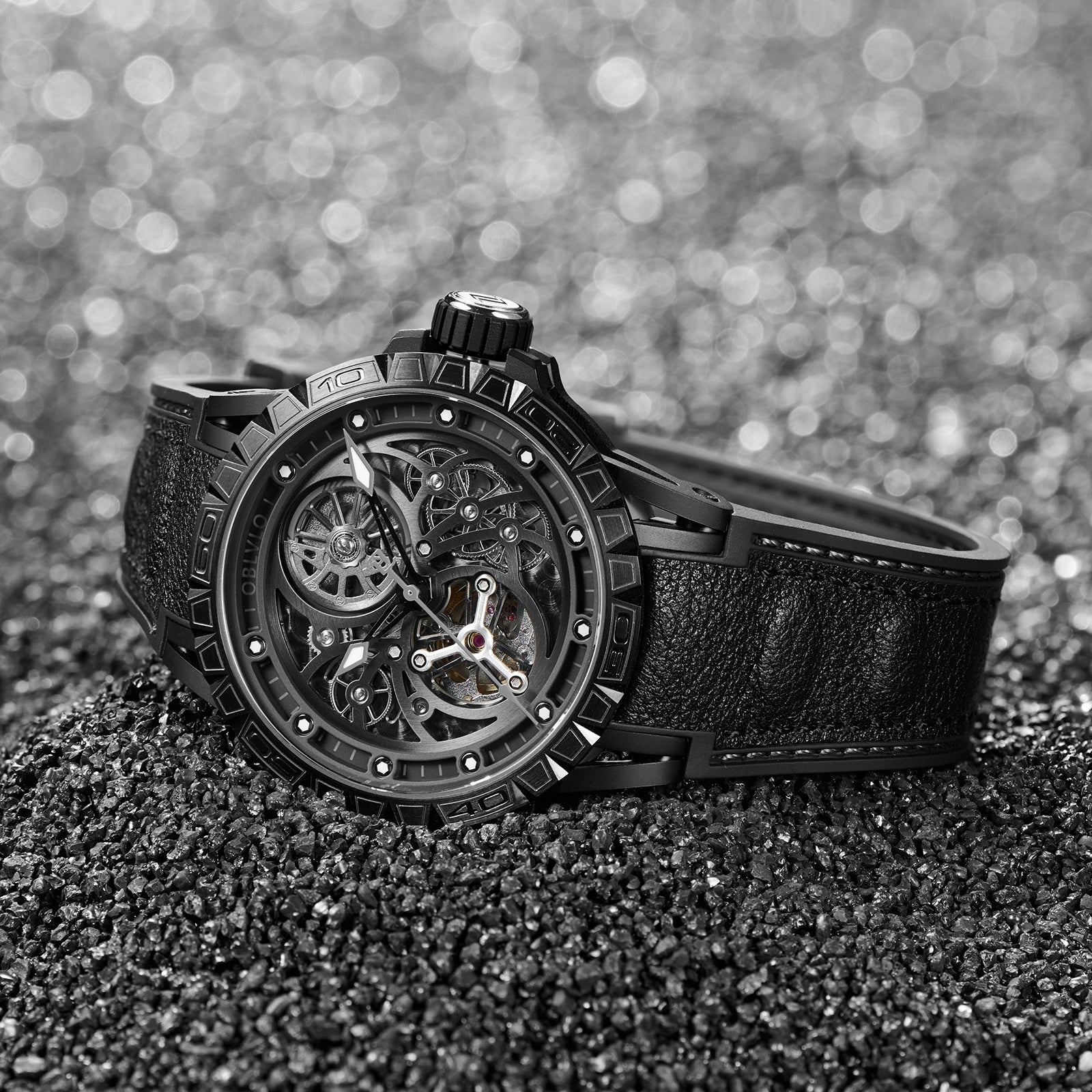 Affordable Cool OBLVLO LMS Luxury Automatic Black PVD Watches - Rubber/Leather Strap Watch for Men