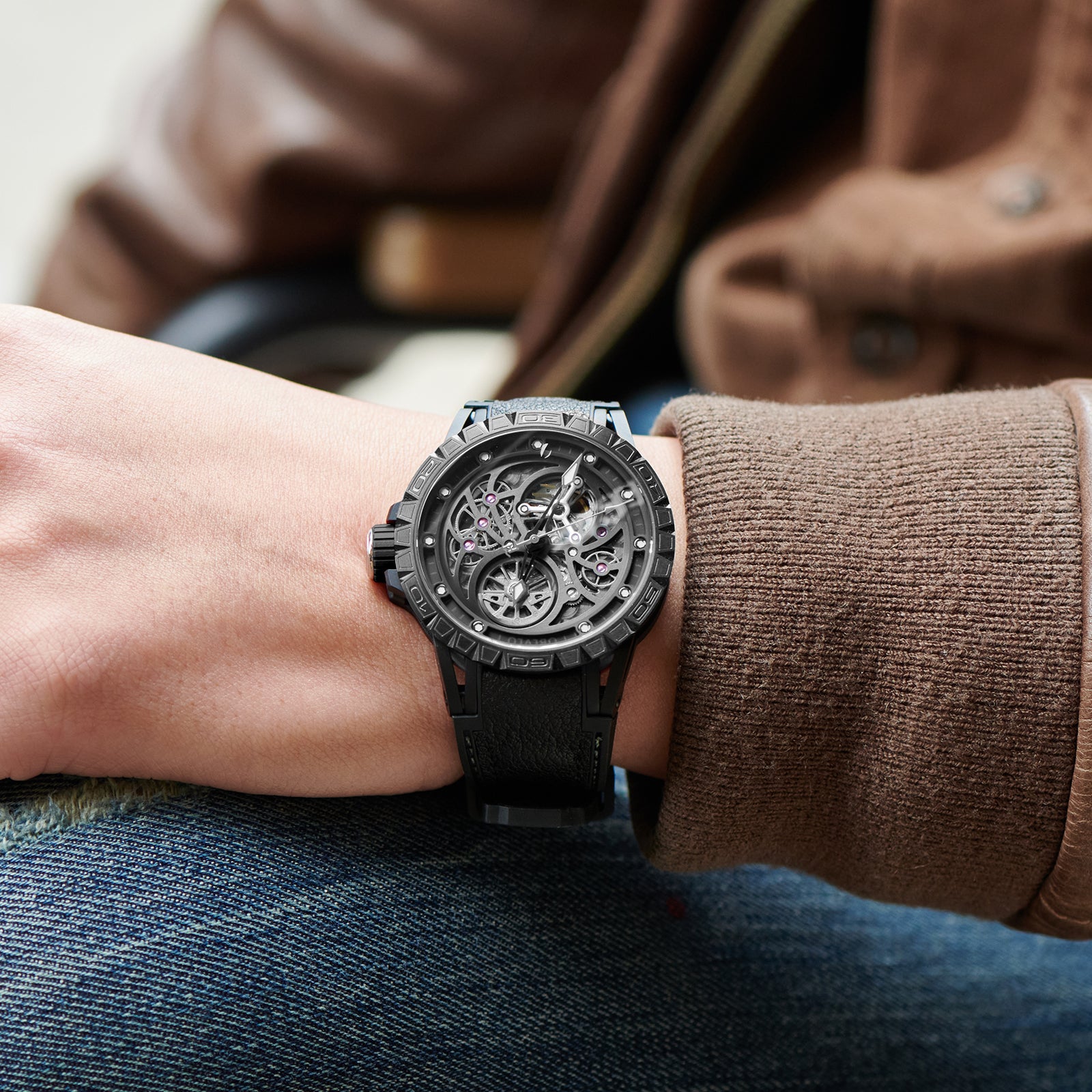 Affordable Cool OBLVLO LMS Luxury Automatic Black PVD Watches - Rubber/Leather Strap Watch for Men