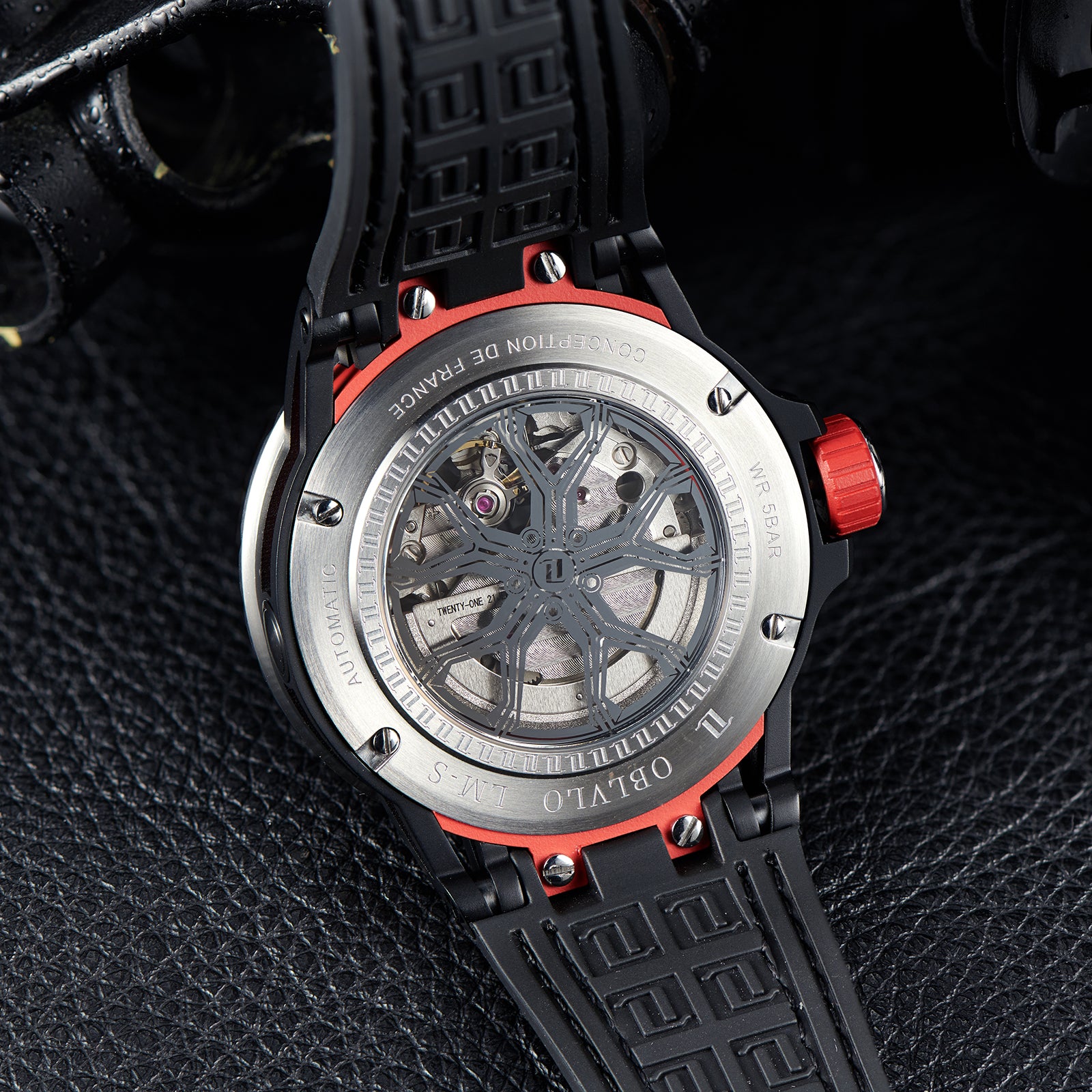 Cool OBLVLO LMS Black PVD Sport Watches for Men - Leather Band Waterproof Automatic Wristwatch