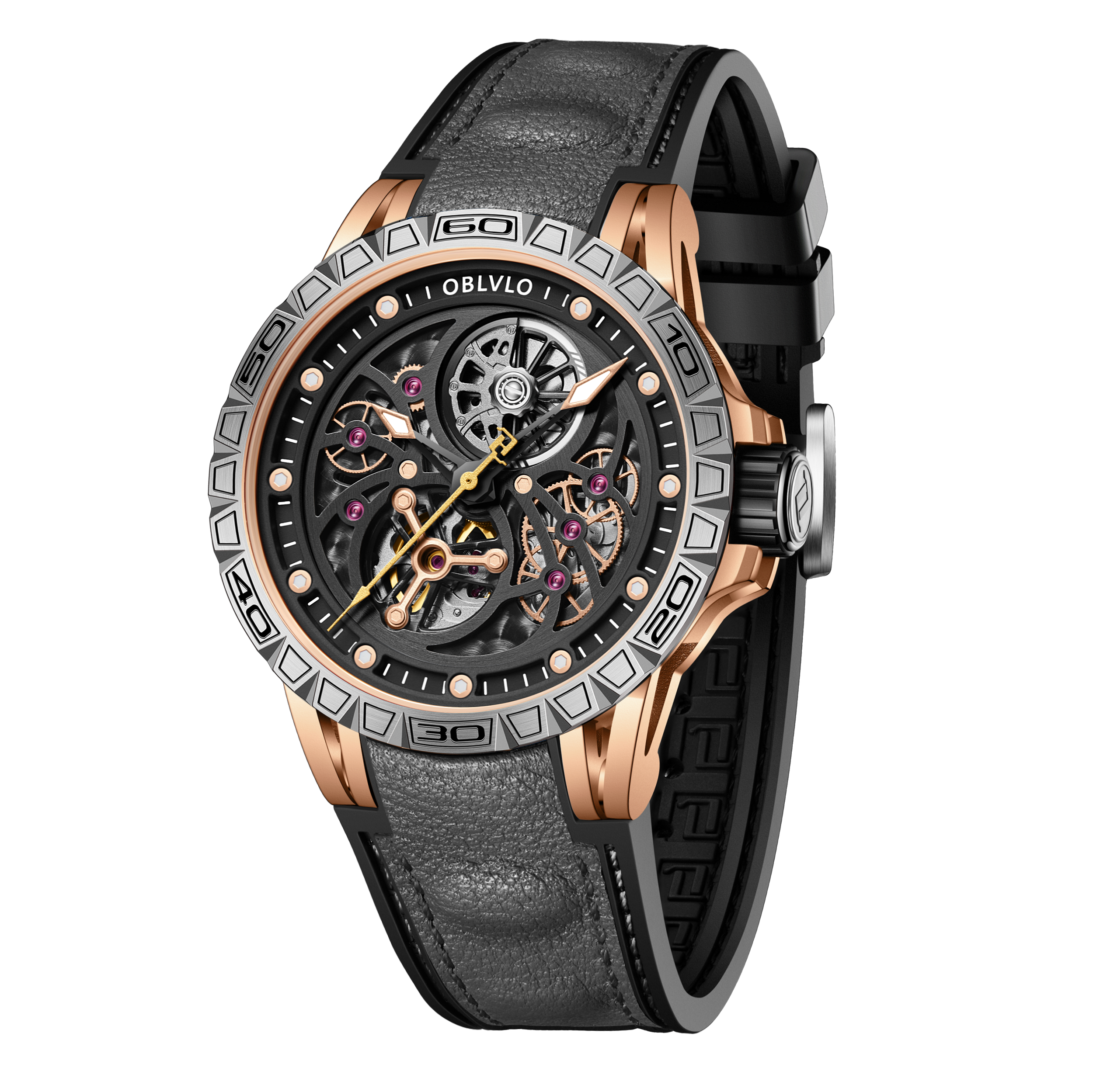 OBLVLO LMS Affordable Luxury Rose Gold Skeleton Mechanical Watches -  Fashion Mens Rubber/Leather Strap Waterproof Watch