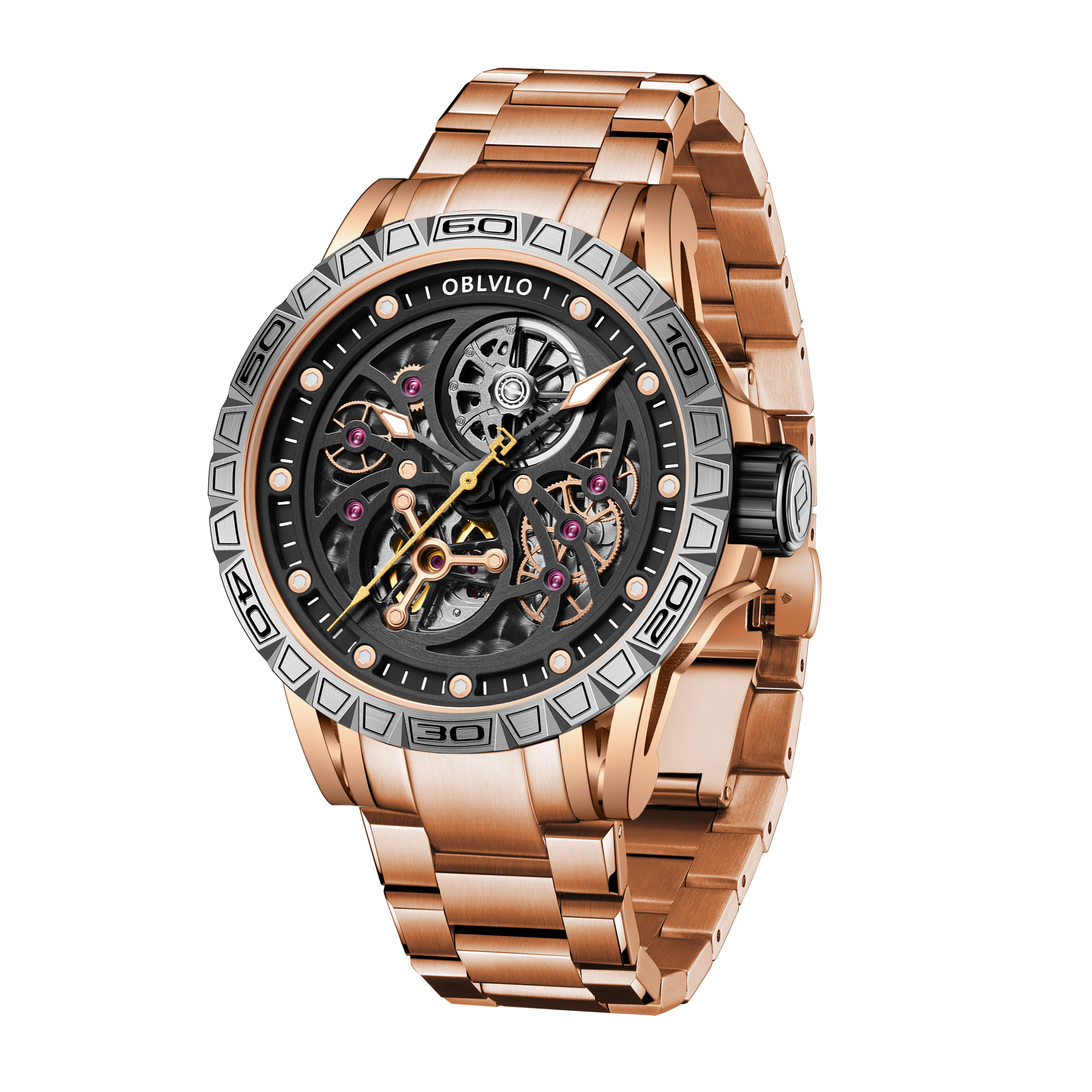 OBLVLO LMS Affordable Luxury Rose Gold Skeleton Mechanical Watches -  Fashion Mens Rubber/Leather Strap Waterproof Watch