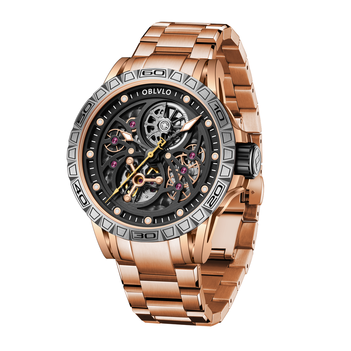 OBLVLO LMS Affordable Luxury Rose Gold Skeleton Mechanical Watches -  Fashion Mens Rubber/Leather Strap Waterproof Watch