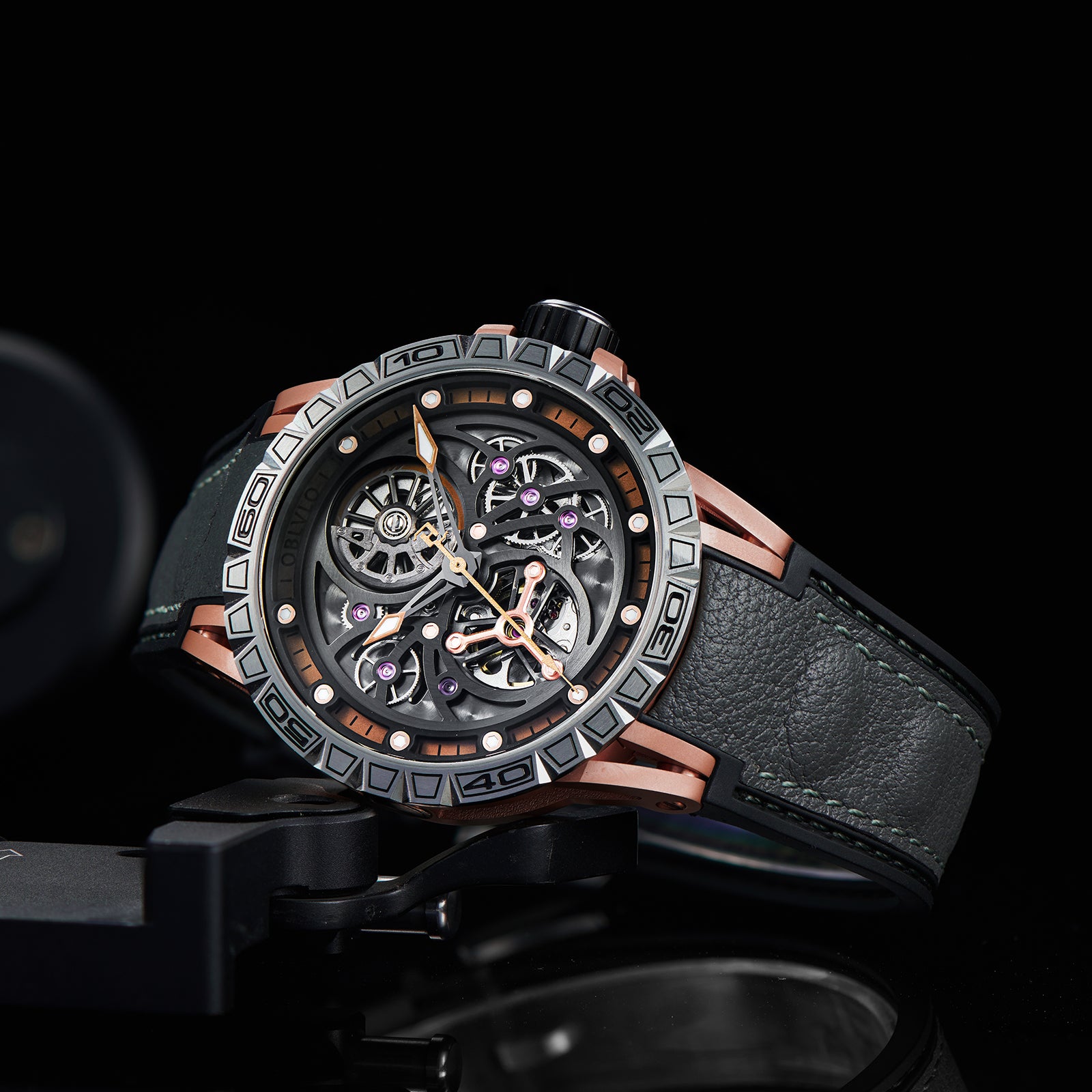 OBLVLO LMS Affordable Luxury Rose Gold Skeleton Mechanical Watches -  Fashion Mens Rubber/Leather Strap Waterproof Watch