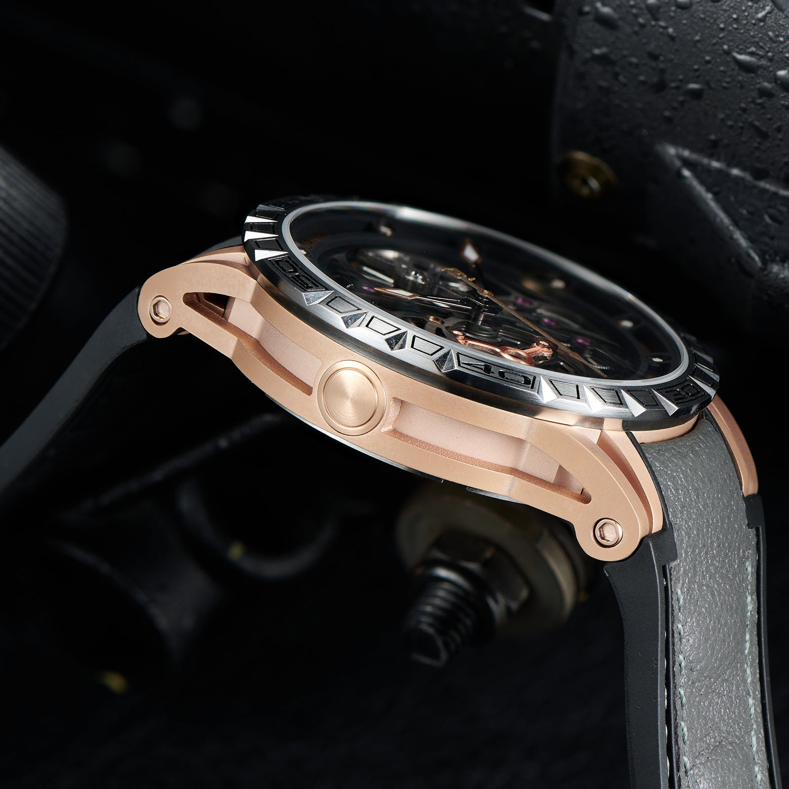 OBLVLO LMS Affordable Luxury Rose Gold Skeleton Mechanical Watches -  Fashion Mens Rubber/Leather Strap Waterproof Watch