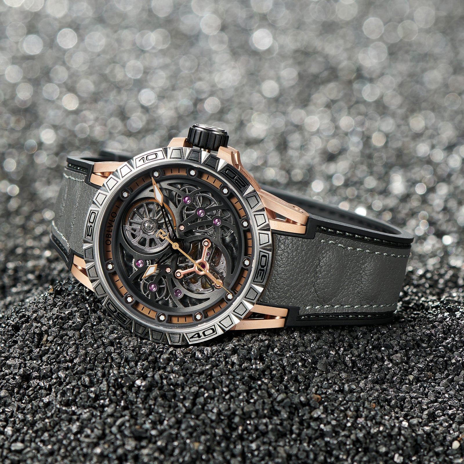 OBLVLO LMS Affordable Luxury Rose Gold Skeleton Mechanical Watches -  Fashion Mens Rubber/Leather Strap Waterproof Watch