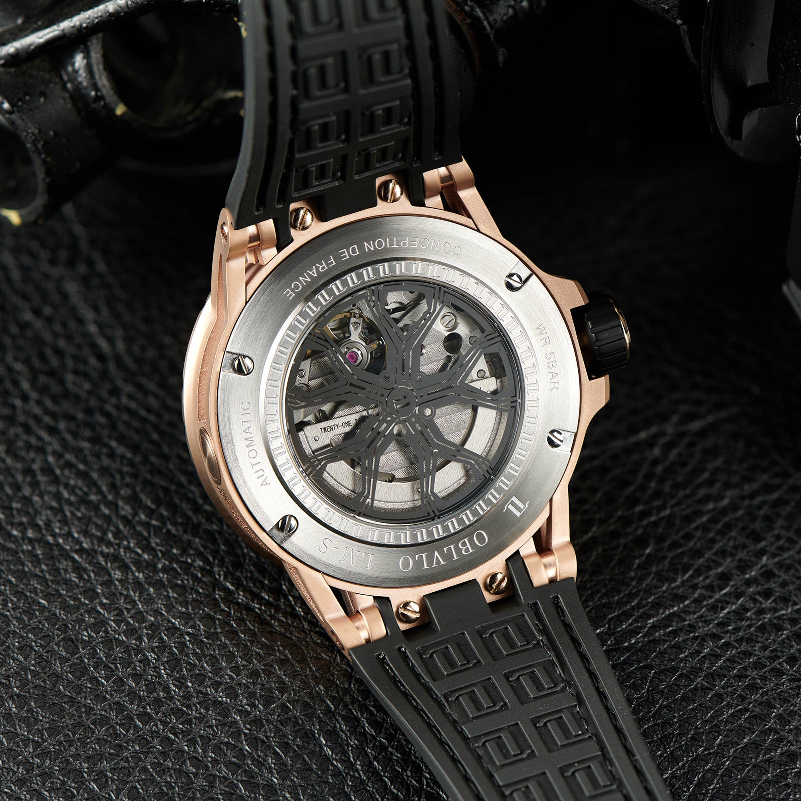 OBLVLO LMS Affordable Luxury Rose Gold Skeleton Mechanical Watches -  Fashion Mens Rubber/Leather Strap Waterproof Watch