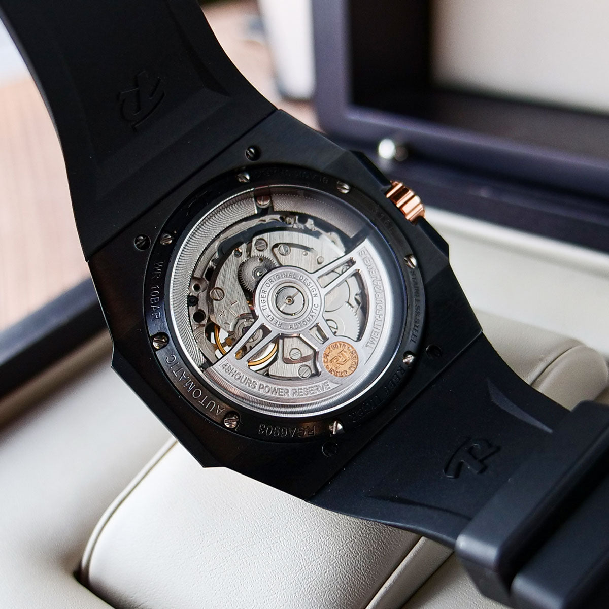 Reef Tiger RGA6903-S Rose Gold 43mm 100M Diving Skeleton Watches - NH36A Movement Mens Automatic Watch