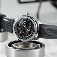 OBLVLO JM ROTOR 42mm Black Carbon Fiber Unique Skeleton Engine Style Dial Watch - Miyota 8215 Jump Hour Automatic Watch