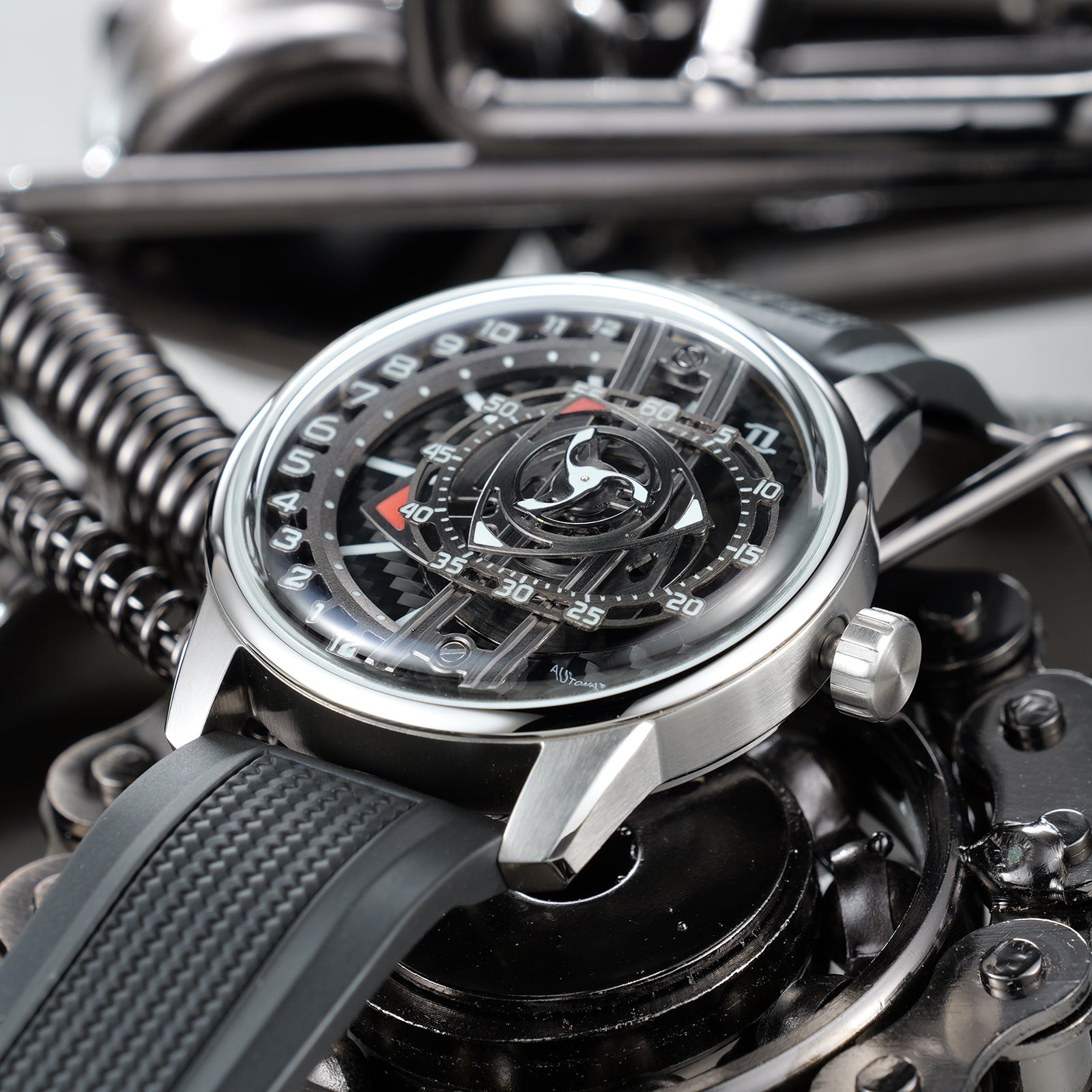 OBLVLO JM ROTOR 42mm Black Carbon Fiber Unique Skeleton Engine Style Dial Watch - Miyota 8215 Jump Hour Automatic Watch