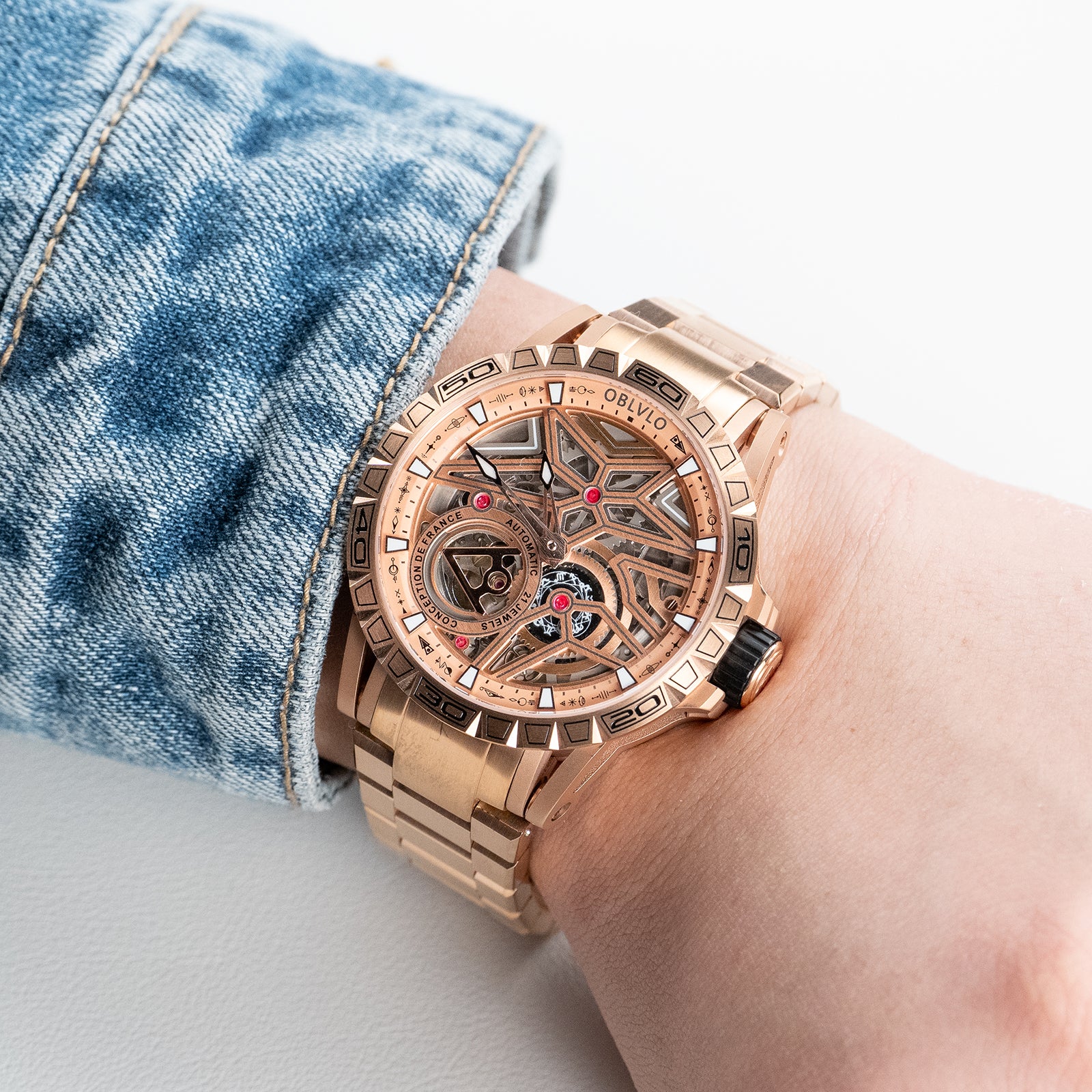 Best Affordable OBLVLO LMQ Luxury Automatic Rose Gold Skeleton Watch - Automatic Mechanical Waterproof Watches