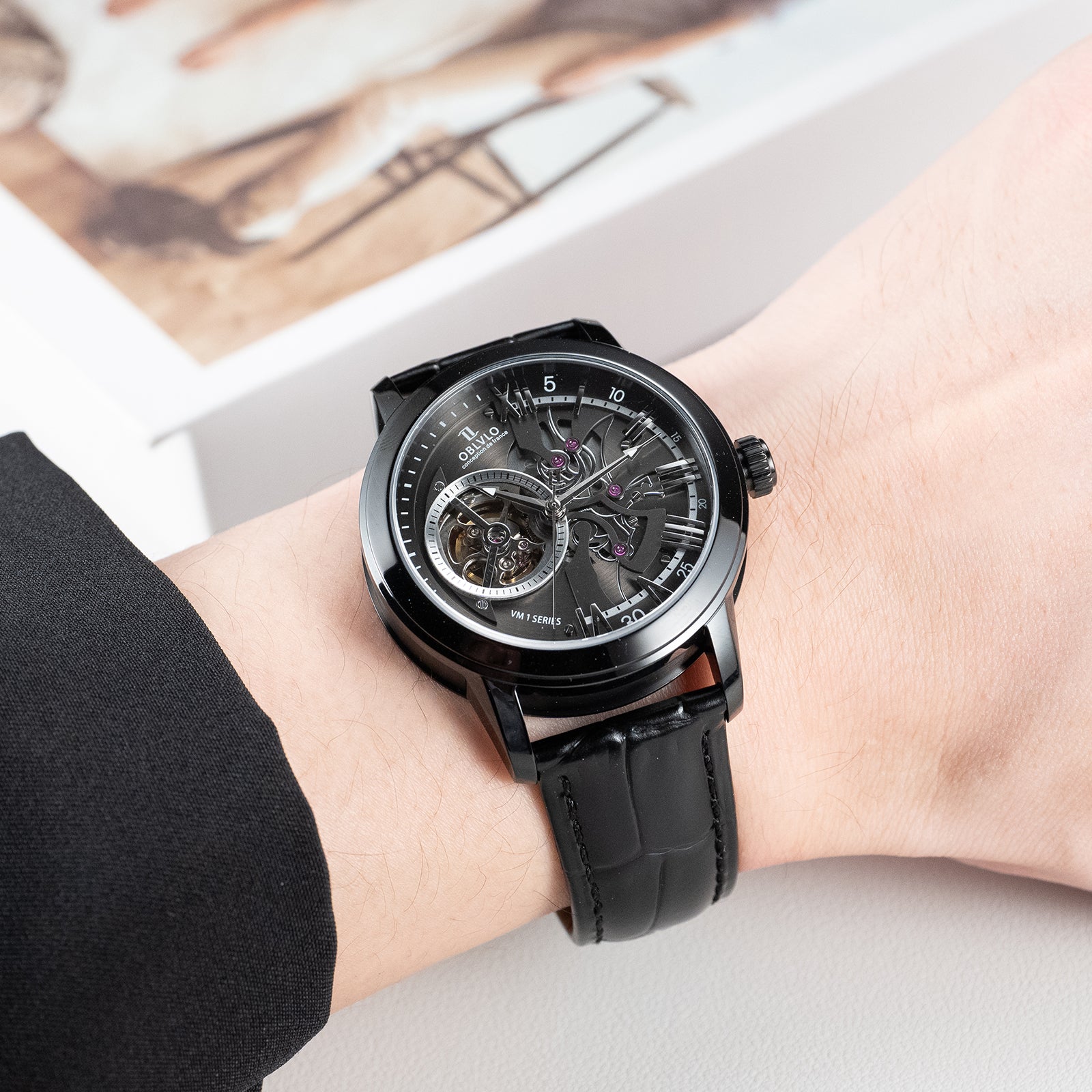 Luxury OBLVLO VMQ Series - Affordable All Black/Diamond Zirconia Case Mens Automatic Tourbillon Style Dial Dress Watches