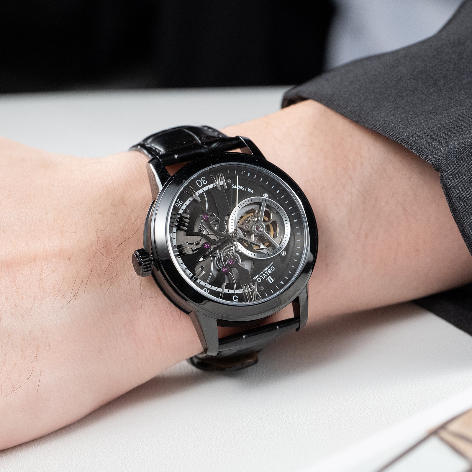 Luxury OBLVLO VMQ Series - Affordable All Black/Diamond Zirconia Case Mens Automatic Tourbillon Style Dial Dress Watches