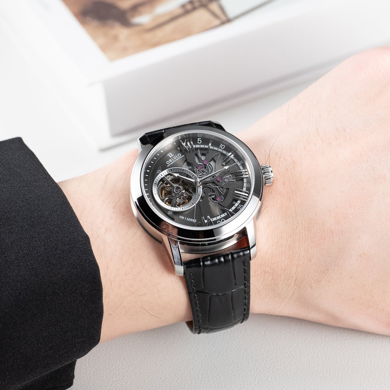 Black Dial 42mm Automatic Mechanical Tourbillon Style Watch For Men - Steel / Zirconia Bezel Dress Watches - OBLVLO VMQ