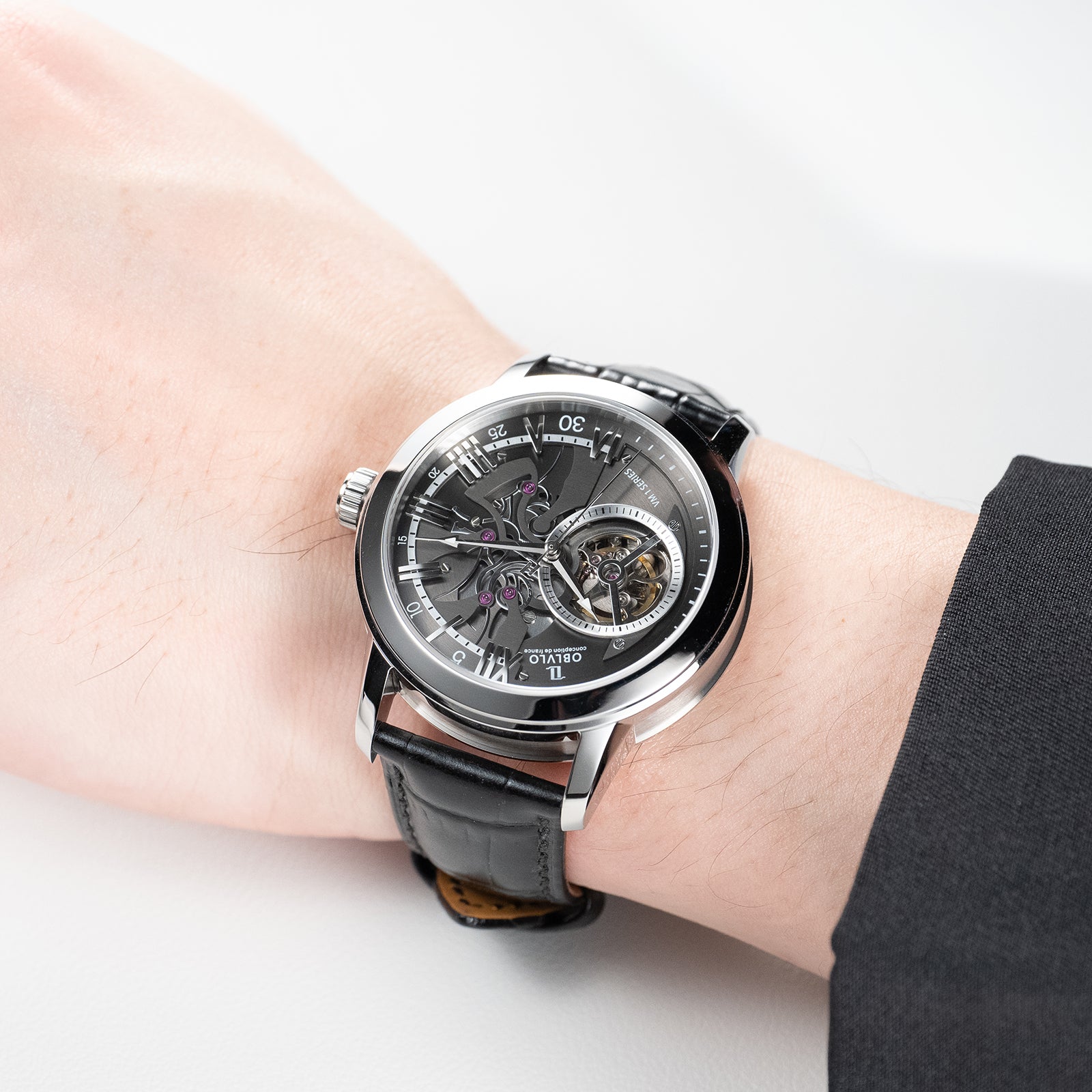 Black Dial 42mm Automatic Mechanical Tourbillon Style Watch For Men - Steel / Zirconia Bezel Dress Watches - OBLVLO VMQ