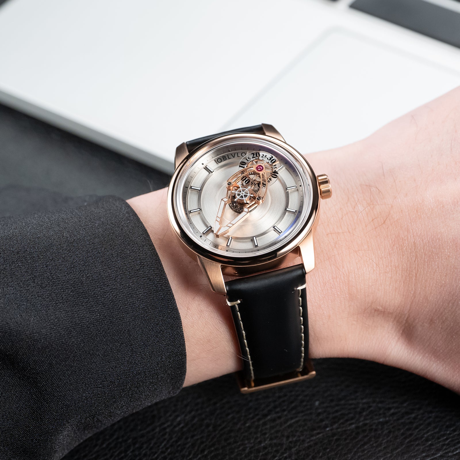 OBLVLO JM Space Black Spaceship Dial Automatic Rose Gold Case Dress Watches for Men