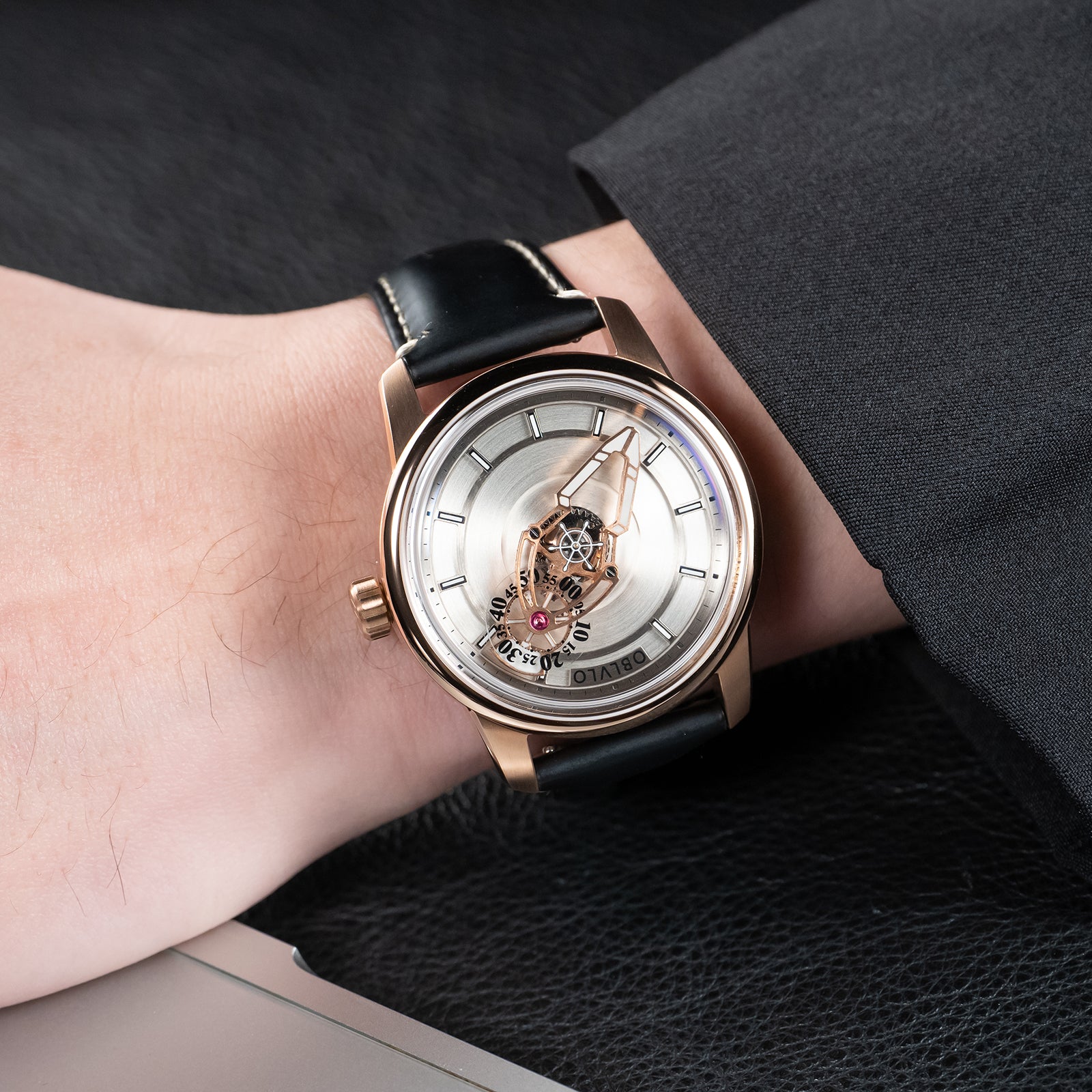 OBLVLO JM Space Black Spaceship Dial Automatic Rose Gold Case Dress Watches for Men