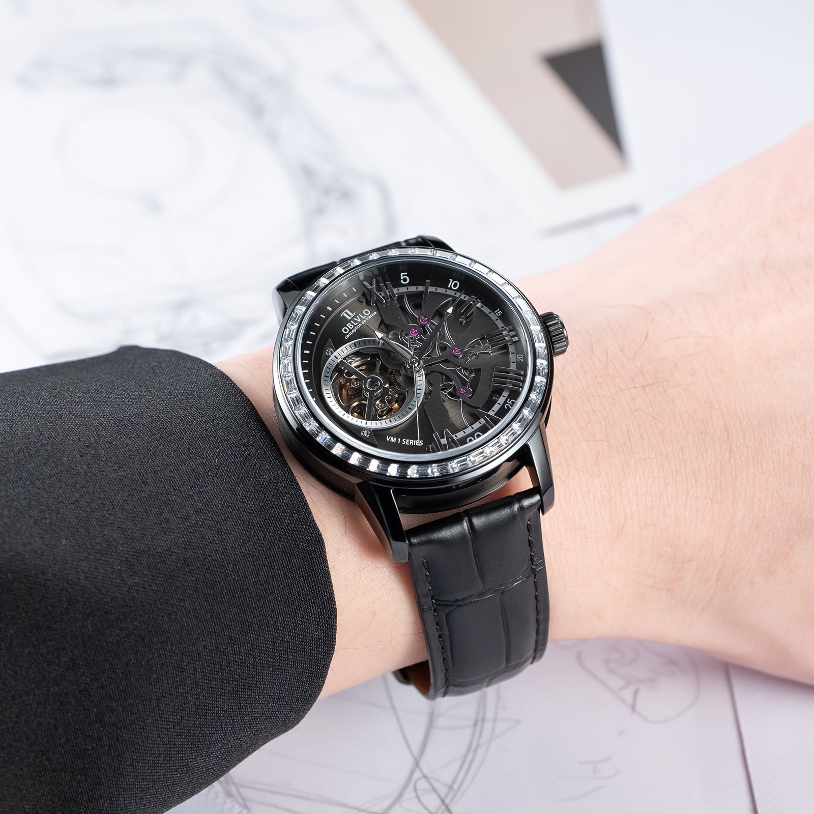 Luxury OBLVLO VMQ Series - Affordable All Black/Diamond Zirconia Case Mens Automatic Tourbillon Style Dial Dress Watches