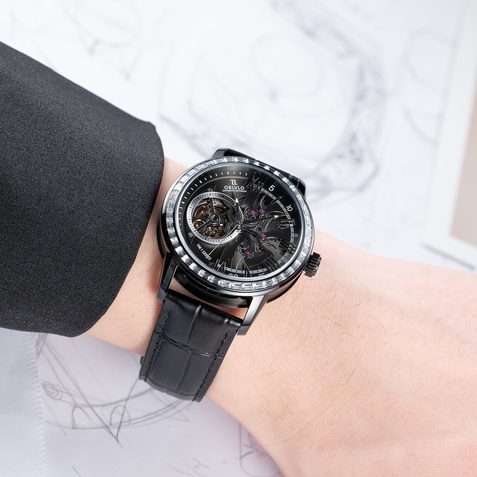 Luxury OBLVLO VMQ Series - Affordable All Black/Diamond Zirconia Case Mens Automatic Tourbillon Style Dial Dress Watches