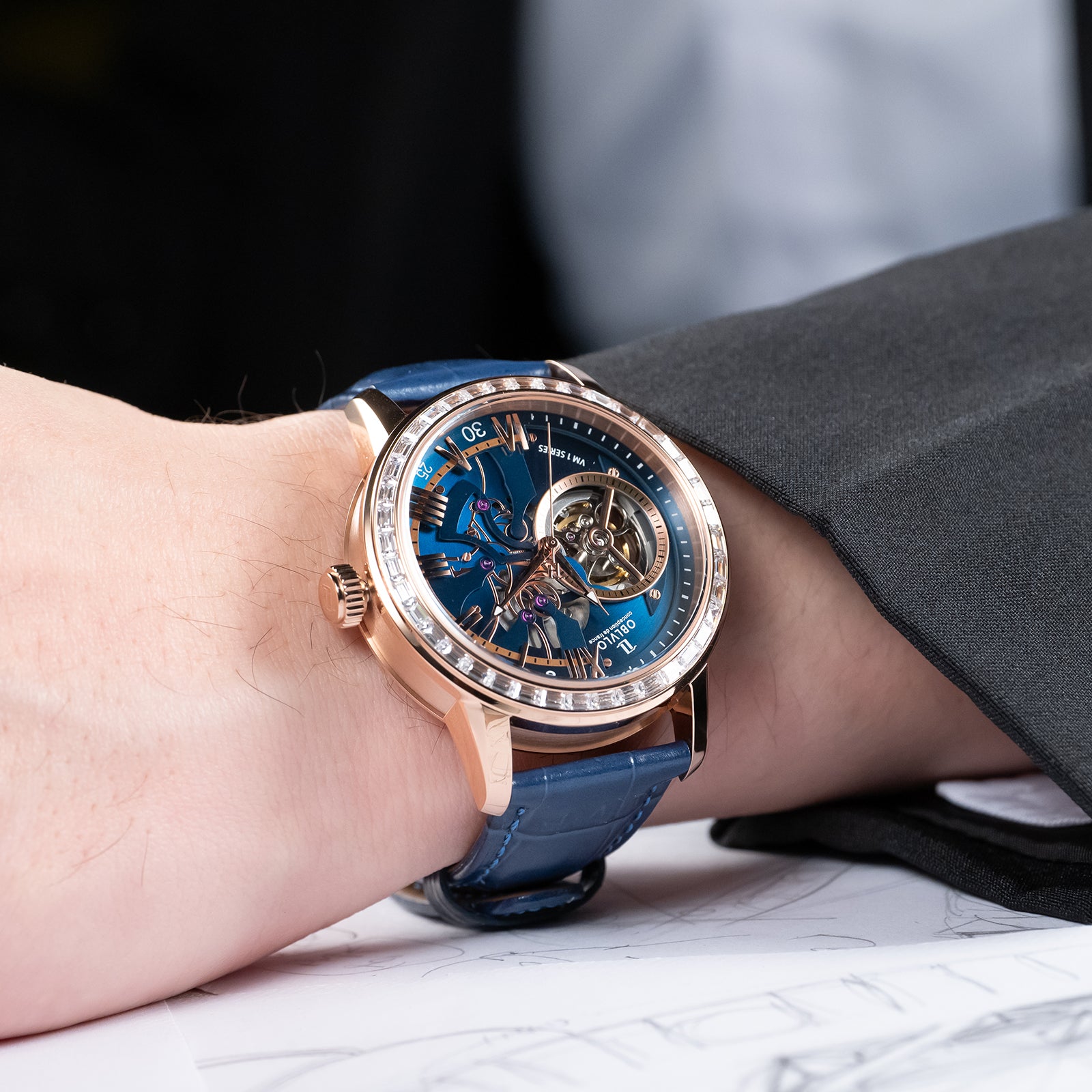 Best Affordable Luxury Rose Gold Zirconia Automatic Tourbillon Style Blue Dial Dress Watches For Men - OBLVLO VMQ Series