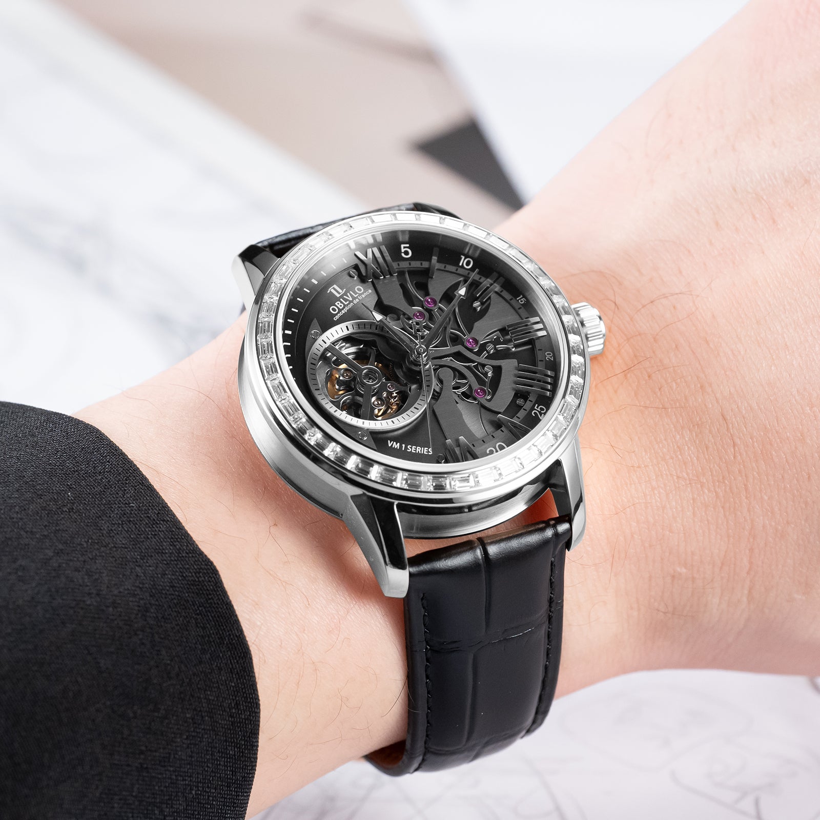 Black Dial 42mm Automatic Mechanical Tourbillon Style Watch For Men - Steel / Zirconia Bezel Dress Watches - OBLVLO VMQ