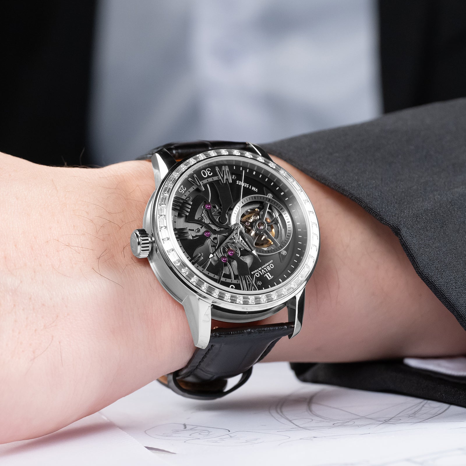 Black Dial 42mm Automatic Mechanical Tourbillon Style Watch For Men - Steel / Zirconia Bezel Dress Watches - OBLVLO VMQ