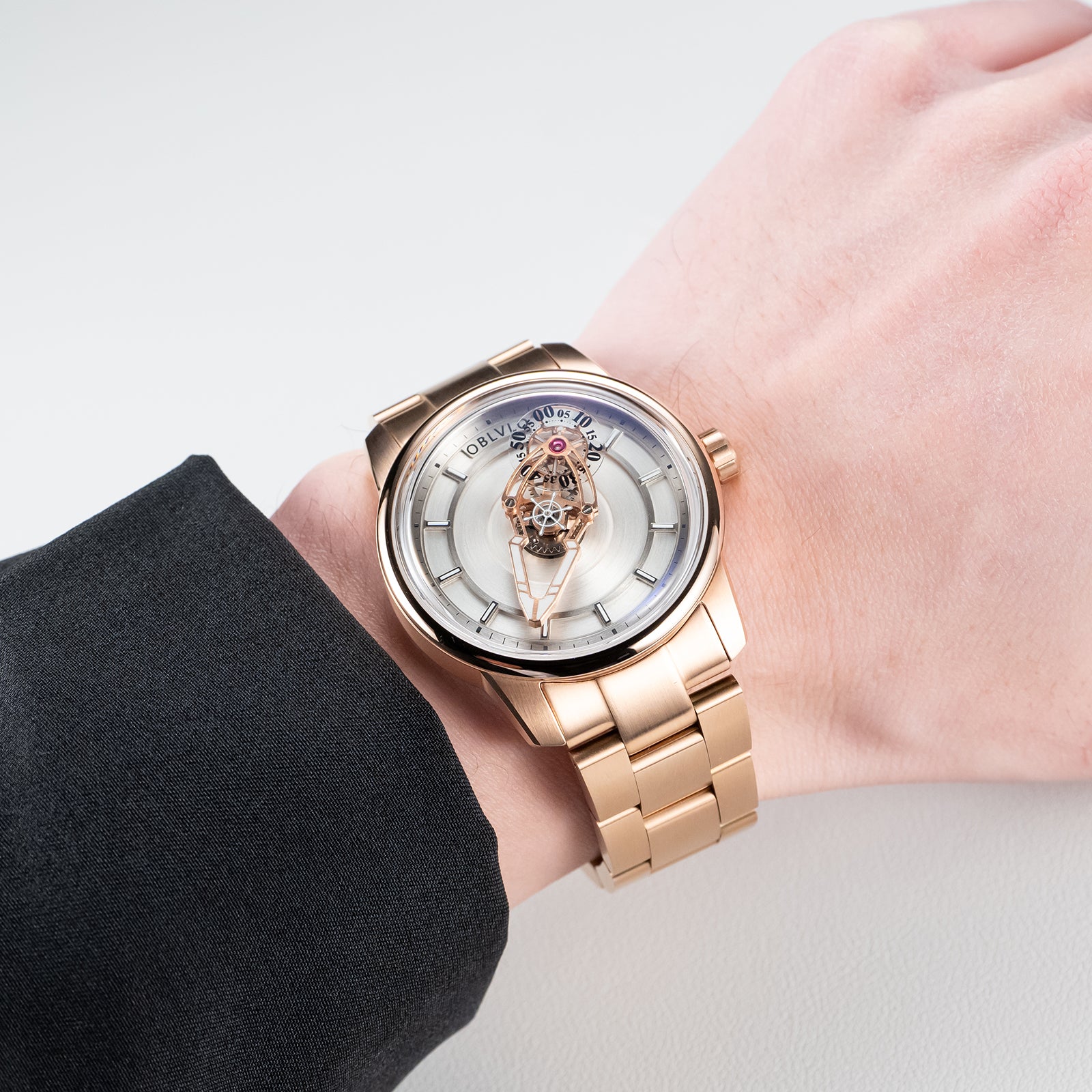 OBLVLO JM Space Black Spaceship Dial Automatic Rose Gold Case Dress Watches for Men