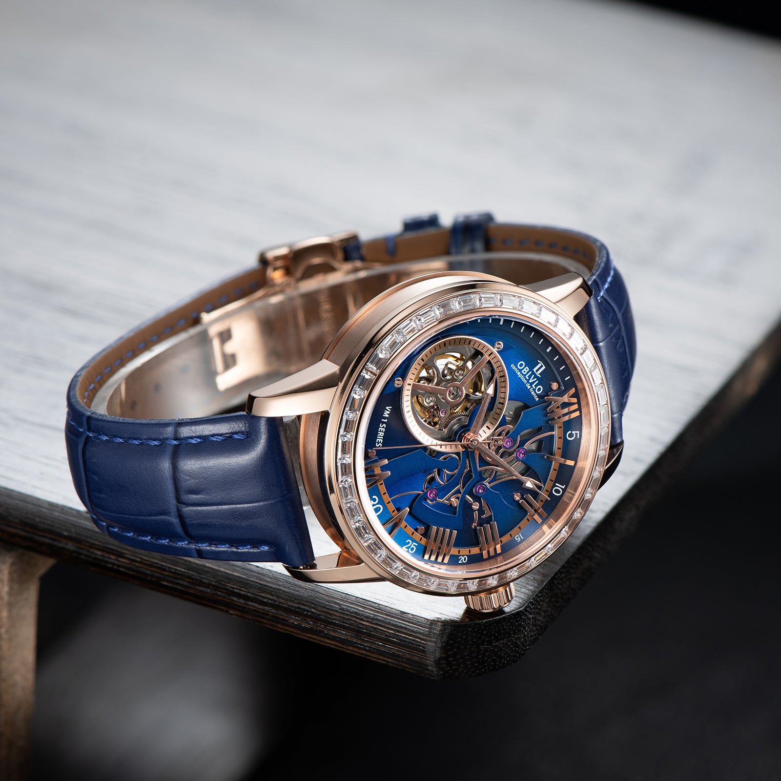 Best Affordable Luxury Rose Gold Zirconia Automatic Tourbillon Style Blue Dial Dress Watches For Men - OBLVLO VMQ Series