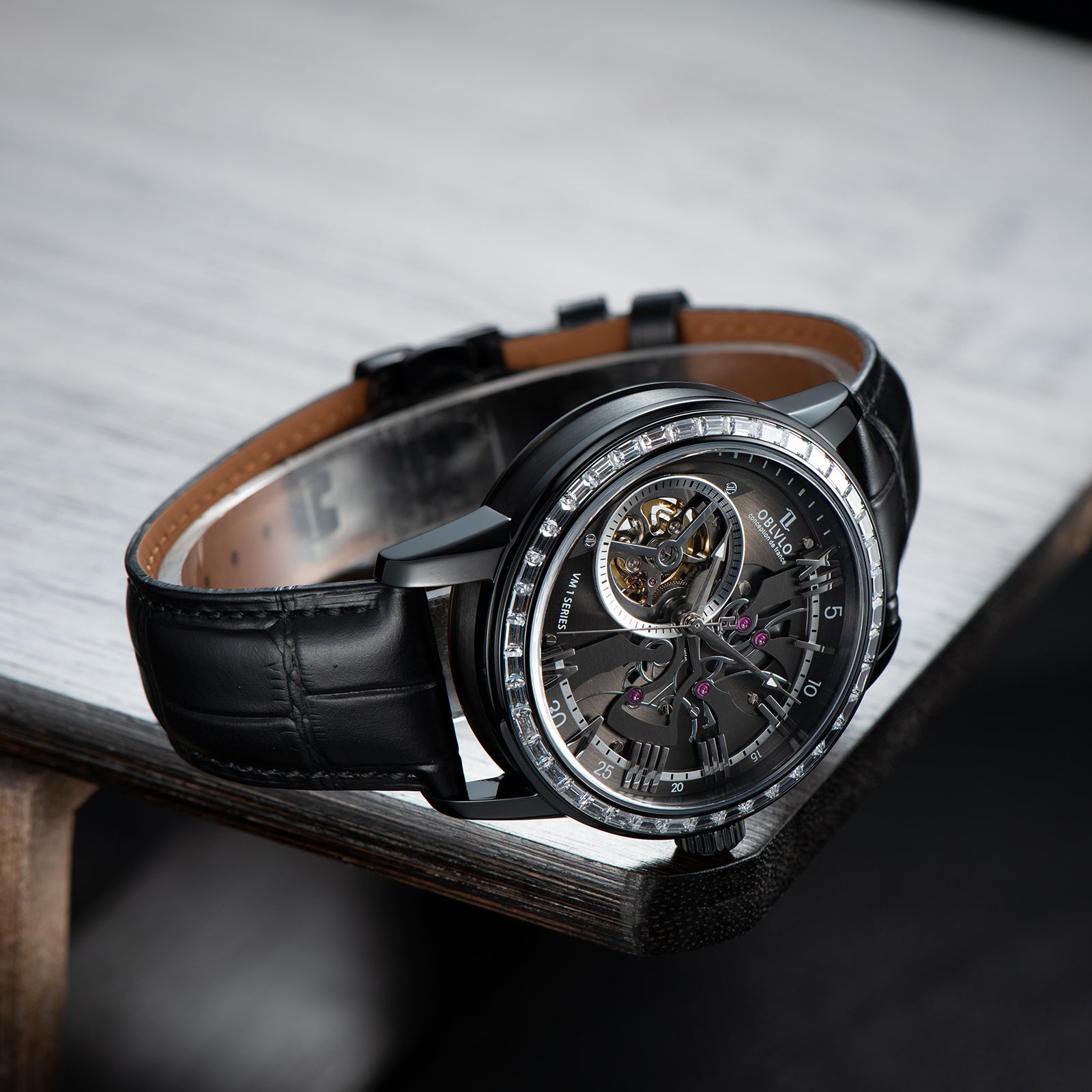 Luxury OBLVLO VMQ Series - Affordable All Black/Diamond Zirconia Case Mens Automatic Tourbillon Style Dial Dress Watches