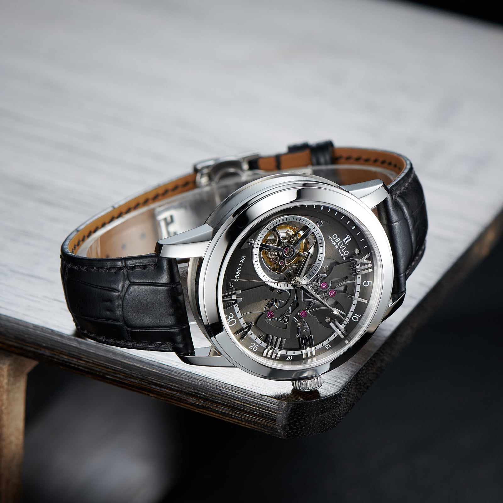 Black Dial 42mm Automatic Mechanical Tourbillon Style Watch For Men - Steel / Zirconia Bezel Dress Watches - OBLVLO VMQ
