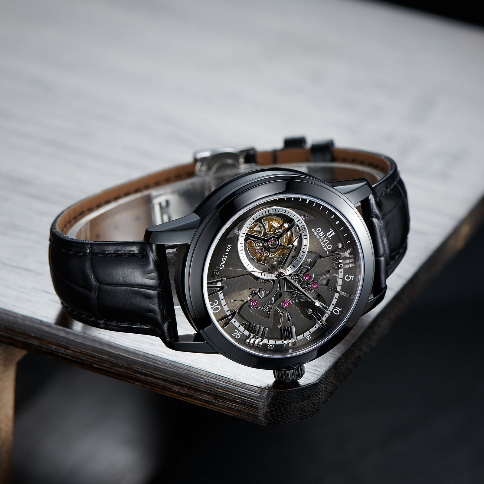 Luxury OBLVLO VMQ Series - Affordable All Black/Diamond Zirconia Case Mens Automatic Tourbillon Style Dial Dress Watches