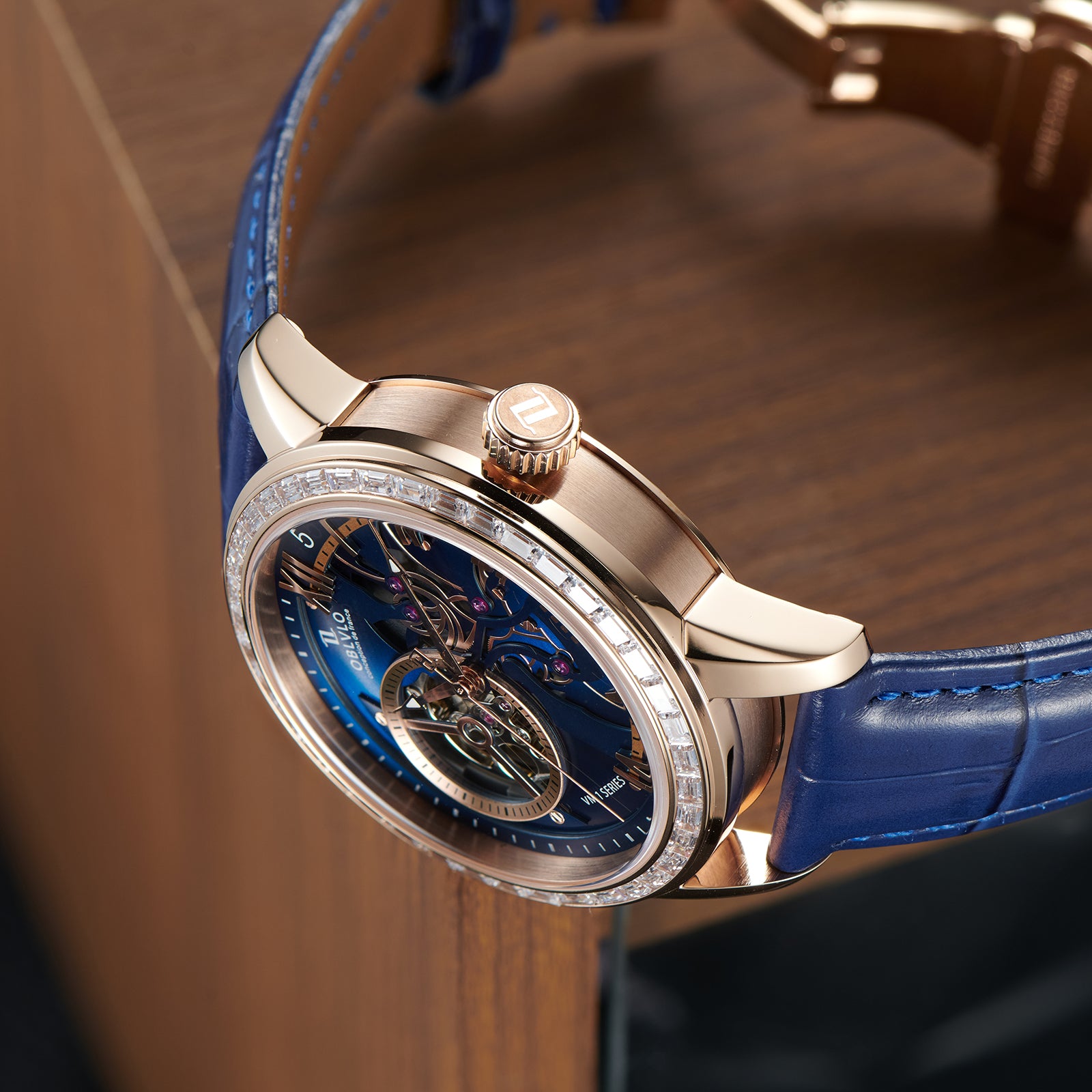 Best Affordable Luxury Rose Gold Zirconia Automatic Tourbillon Style Blue Dial Dress Watches For Men - OBLVLO VMQ Series