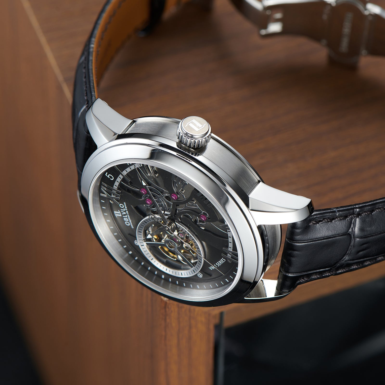 Black Dial 42mm Automatic Mechanical Tourbillon Style Watch For Men - Steel / Zirconia Bezel Dress Watches - OBLVLO VMQ