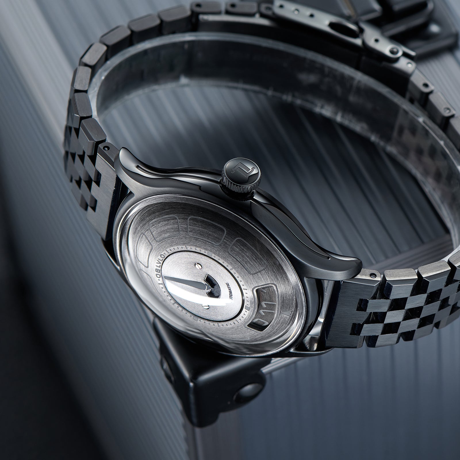 OBLVLO BLM-UFO - Cool Unique Black PVD 41mm Modern Display Design Hands Automatic Mechanical Watch