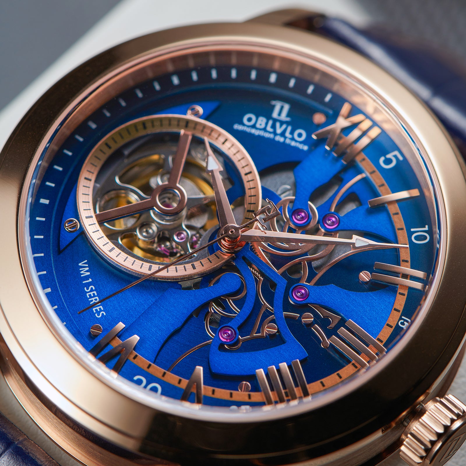 Best Affordable Luxury Rose Gold Zirconia Automatic Tourbillon Style Blue Dial Dress Watches For Men - OBLVLO VMQ Series